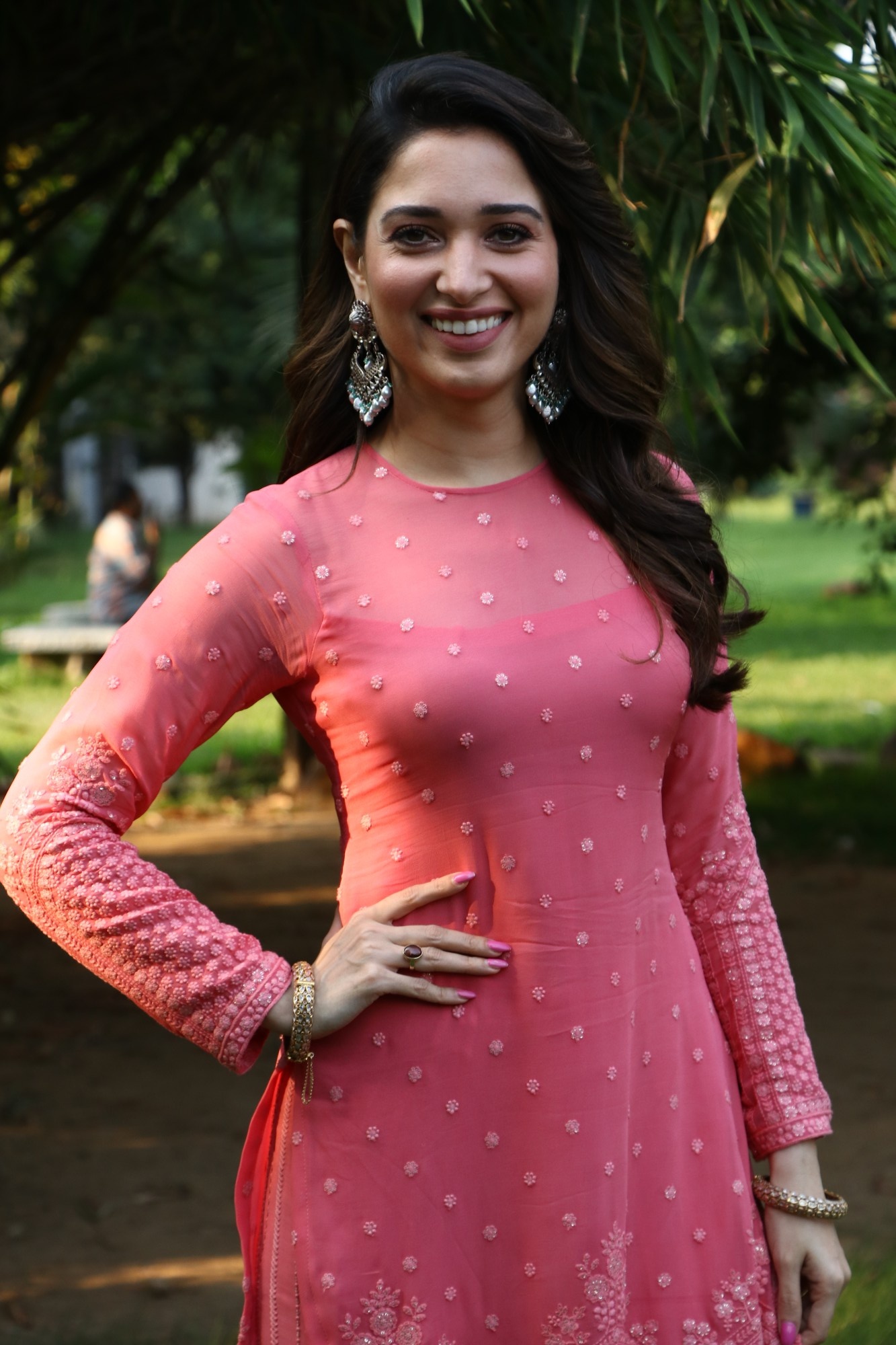 Tamannaah Bhatia, Embroidered pink kurti, Traditional Indian jhumka earrings, HD Phone wallpaper