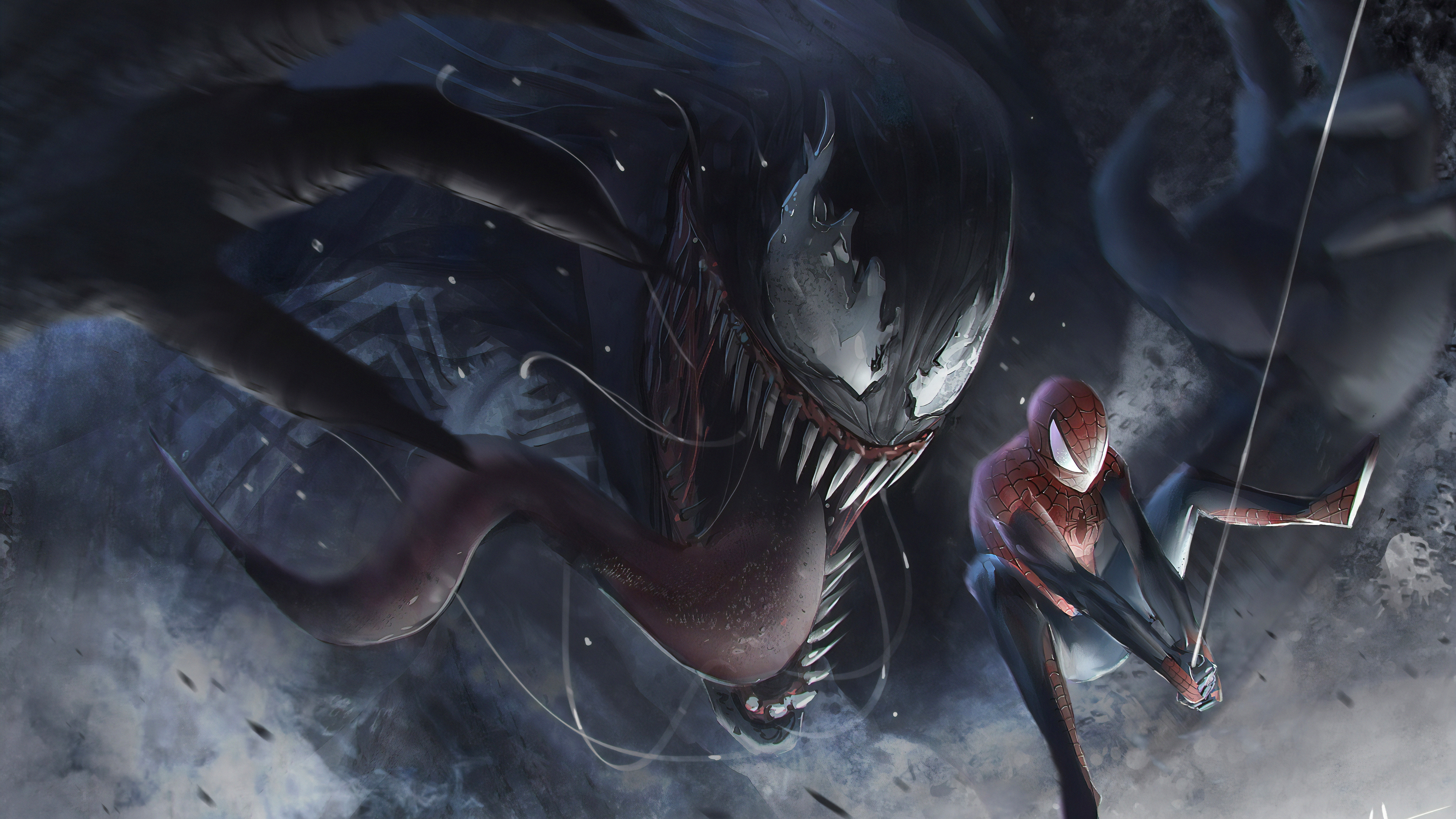 Venom symbiote creature, Spider-Man web slinging, Swirling dark mist, 4K Desktop wallpaper