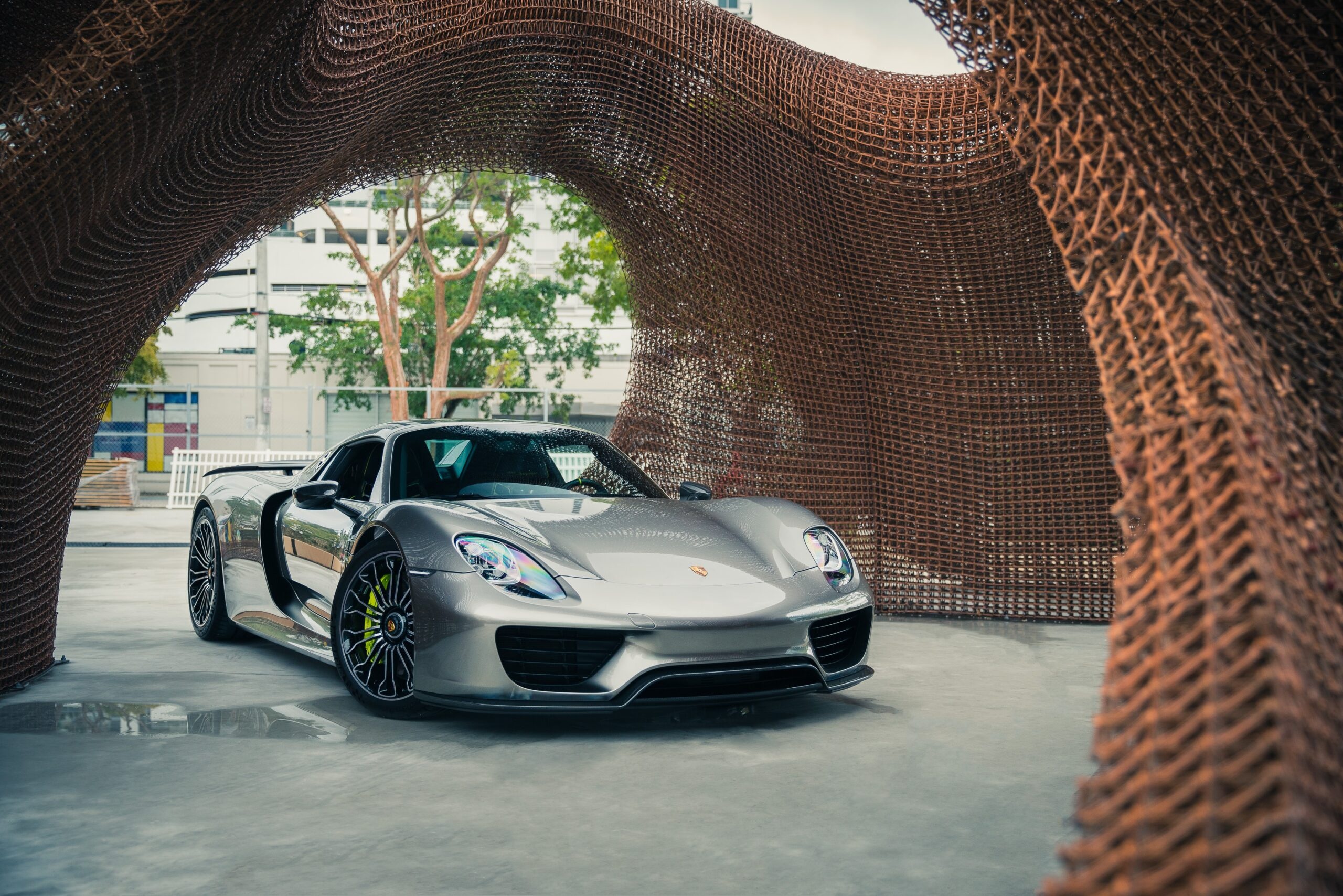Porsche 918 Spyder, Woven wire mesh pavilion, Acid green brake calipers, HD Desktop wallpaper