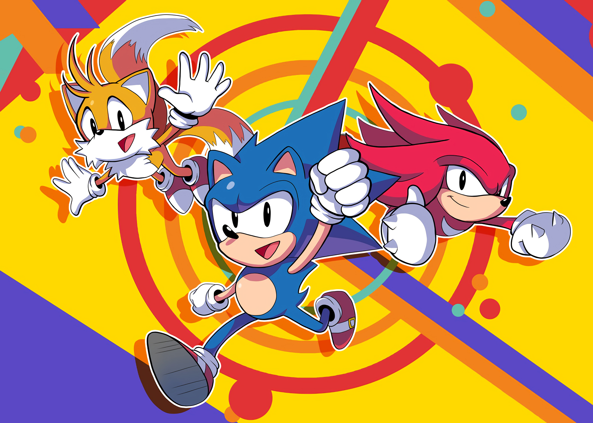 Sonic the Hedgehog mid-dash, Miles Tails Prower flying, Knuckles the Echidna, Yellow retro pop shapes, HD Desktop wallpaper