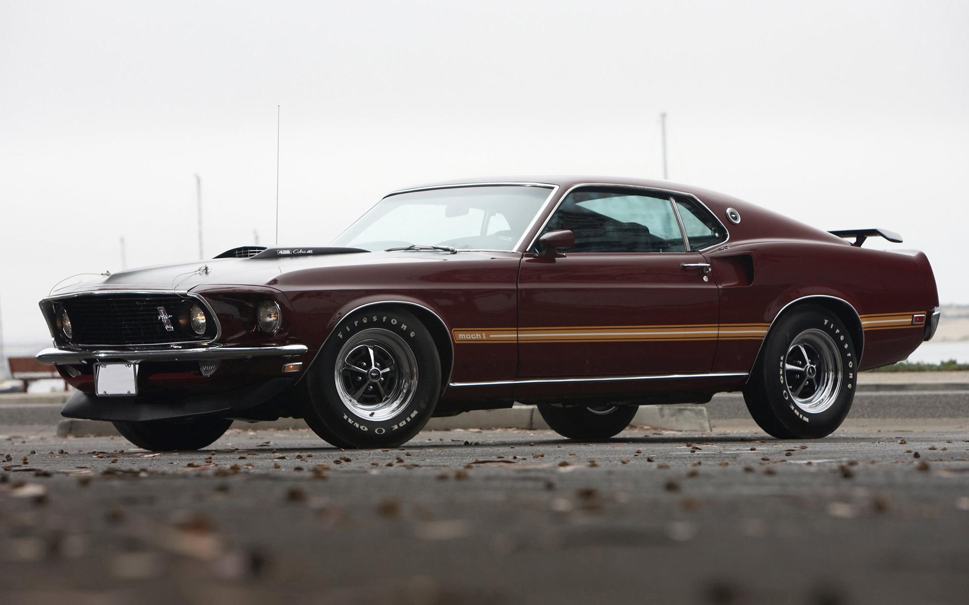 1969 Ford Mustang Mach 1, Firestone Wide Oval tires, shaker hood scoop, HD Desktop wallpaper