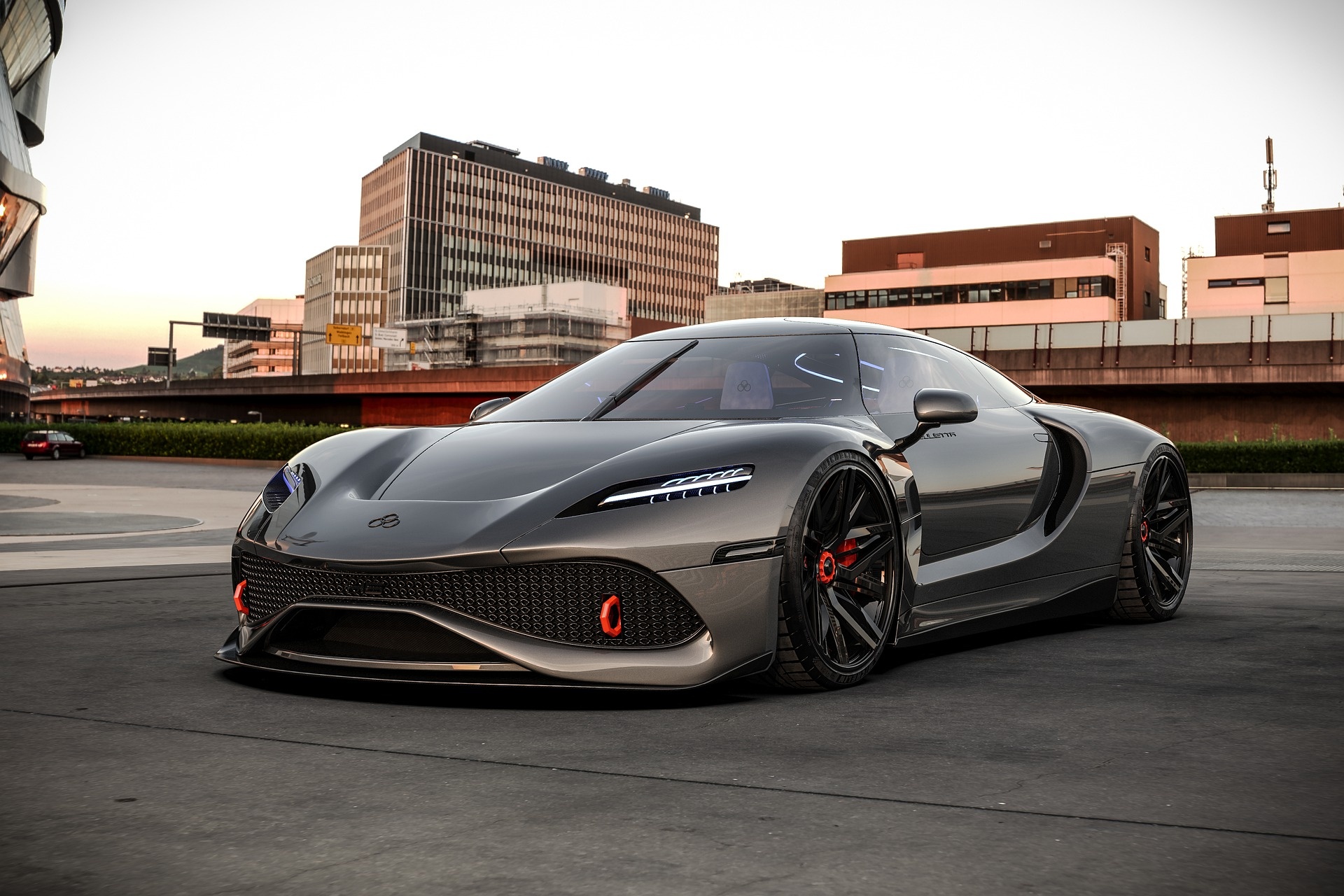 gray concept supercar, Mercedes-Benz Museum Stuttgart, urban plaza at dusk, HD Desktop wallpaper