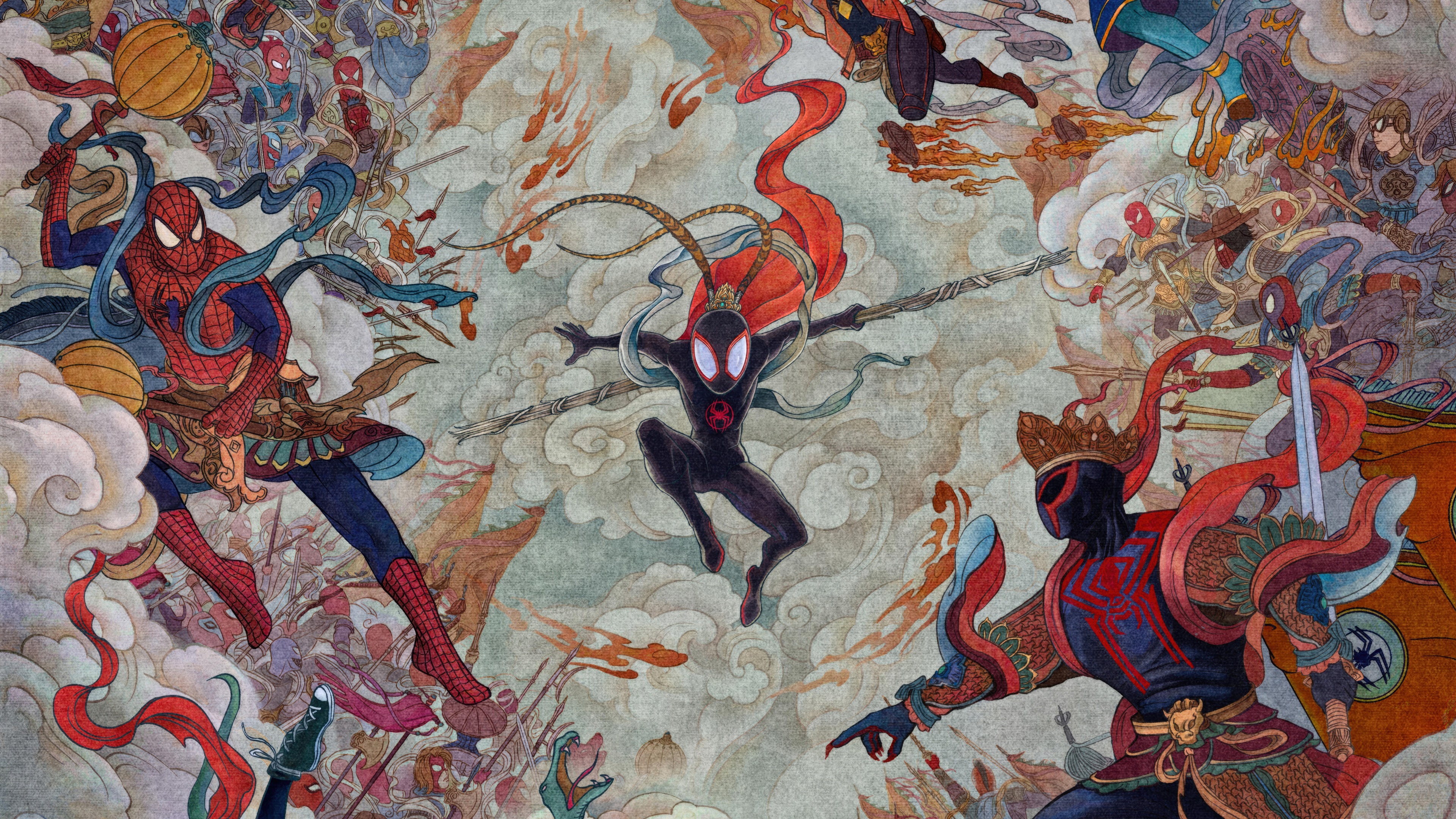 Across the Spider-Verse, Chinese ink-painting style, Spider-Man 2099 (Miguel O'Hara), Miles Morales, Stylized cloud battlefield, Swirling cloudscape, Ancient mural backdrop, 4K Desktop wallpaper