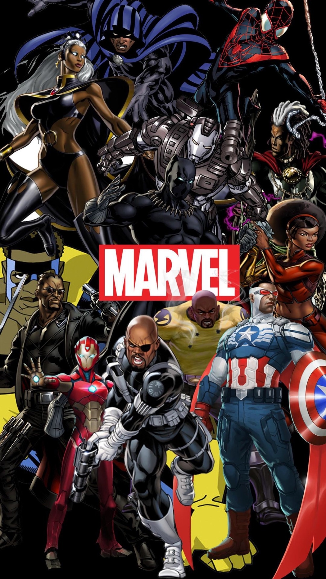 Marvel Comics superhero collage, Black Panther, Sam Wilson Captain America, Storm Marvel character, Marvel logo, Full HD Phone wallpaper