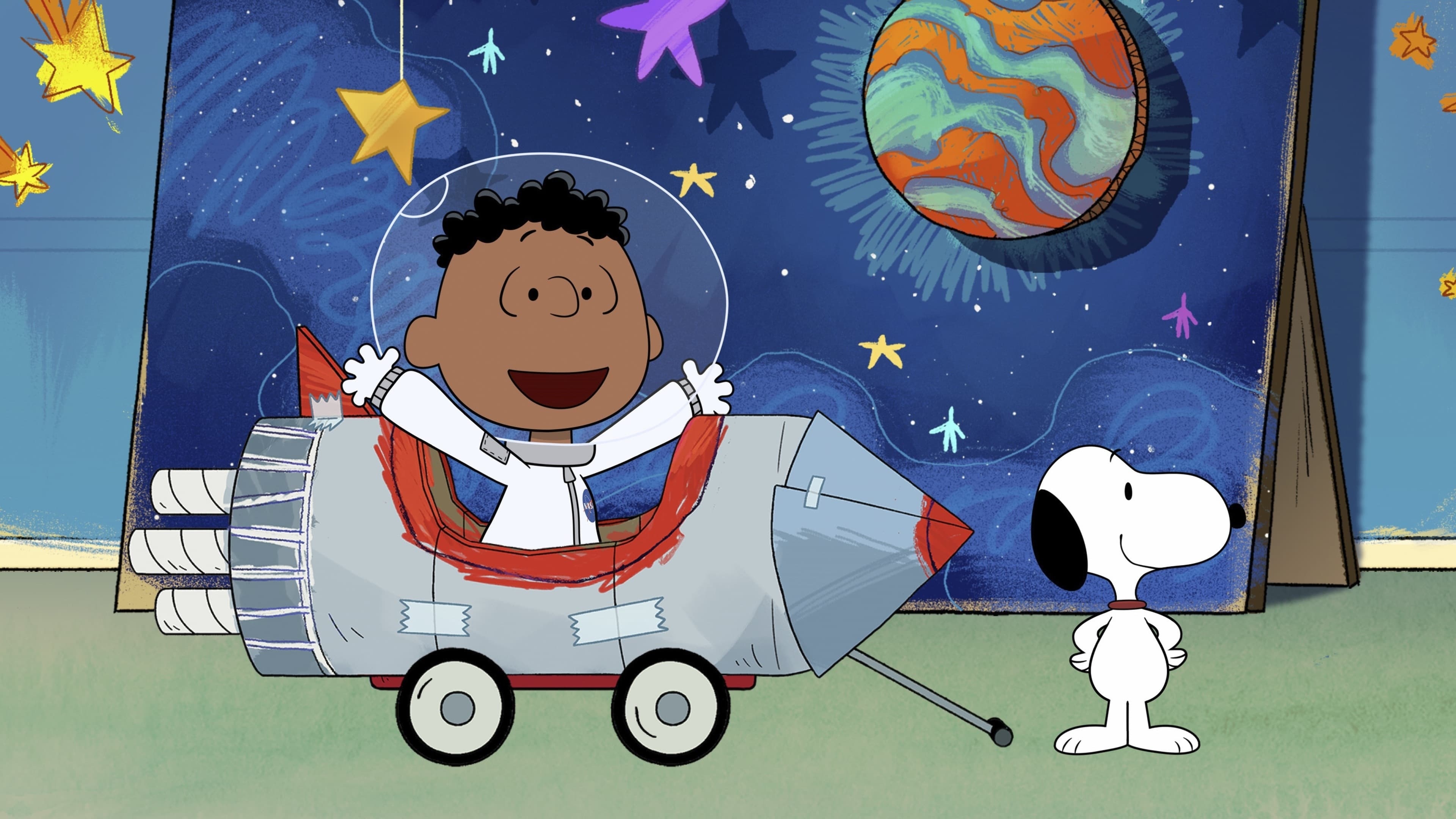 Franklin in astronaut suit, Snoopy, Cardboard rocket wagon, 4K Desktop wallpaper