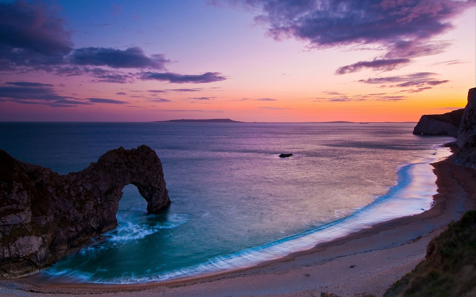 Durdle Door, Jurassic Coast, purple twilight beach, HD Desktop wallpaper