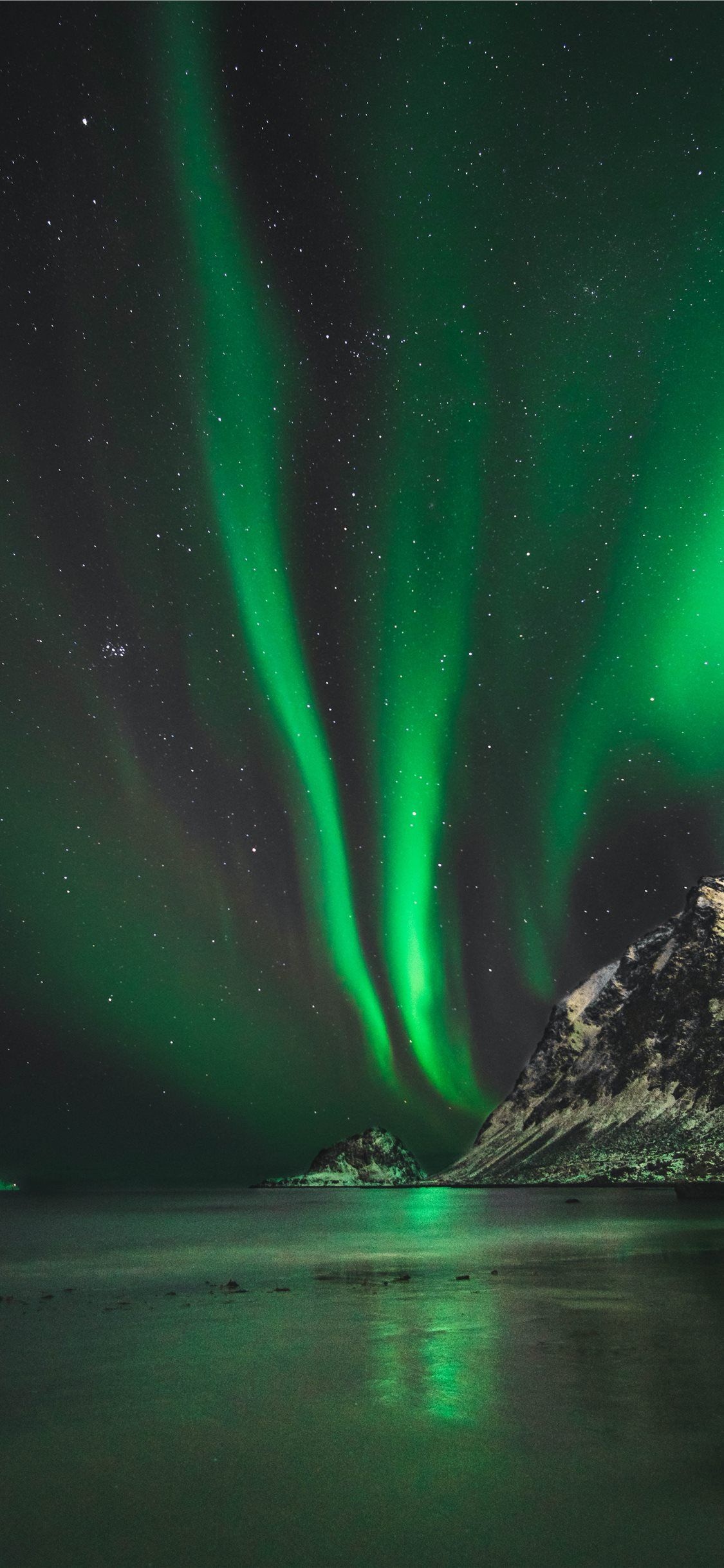 Green Aurora Borealis, Snowy coastal mountain, Starry night sky reflection, HD Phone wallpaper