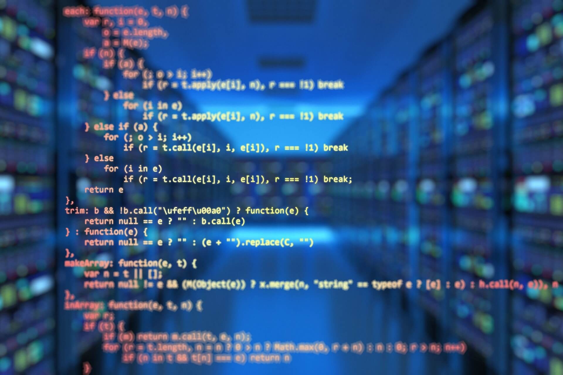 makeArray: function(e, t), JavaScript jQuery source code, blurred server rack LEDs, HD Desktop wallpaper