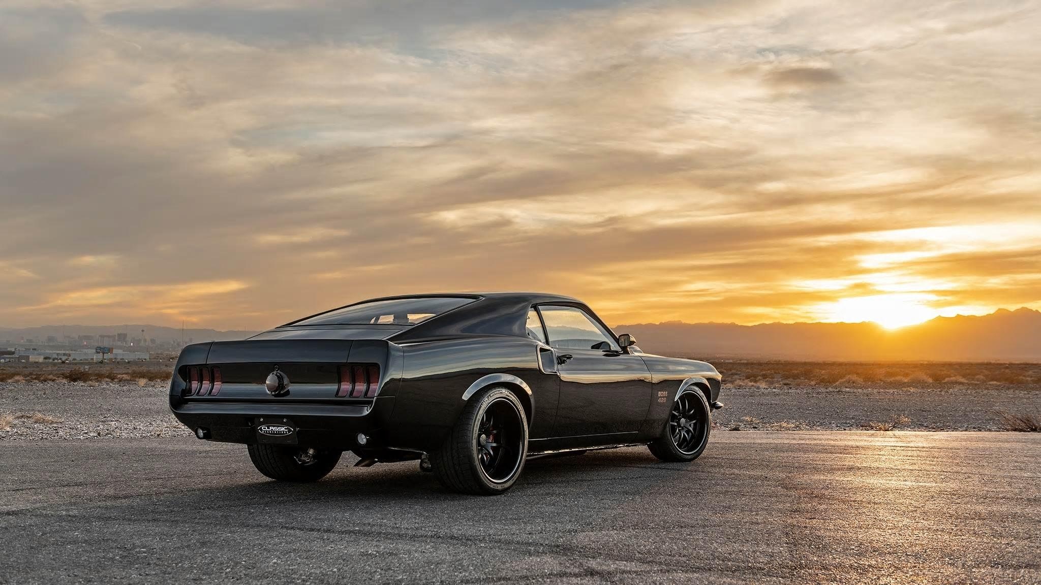 1969 Ford Mustang Boss 429, Desert sunset landscape, Black fastback coupe, HD Desktop wallpaper