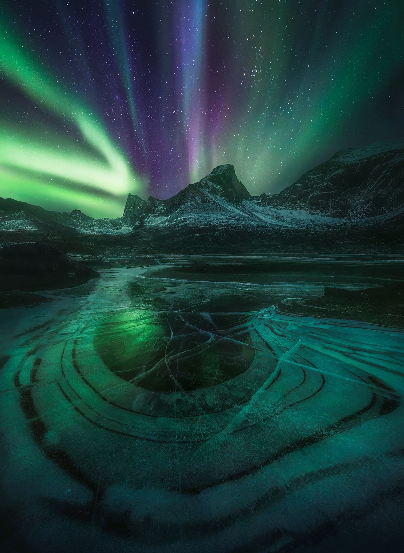 Aurora borealis night sky, Cracked frozen lake ice, Snowy mountain peaks, HD Phone wallpaper