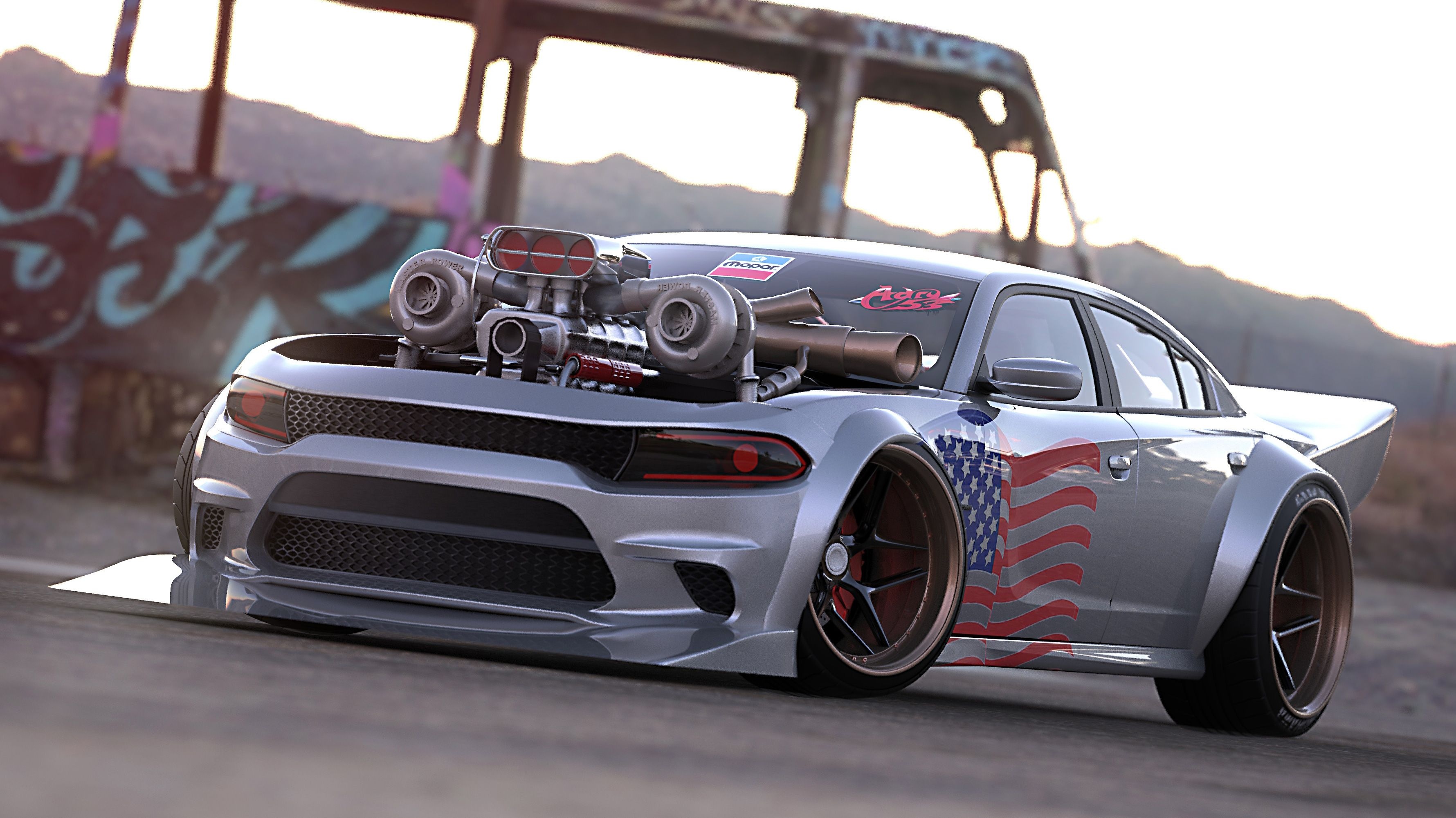 custom Dodge Charger, exposed twin-turbo engine, American flag decal, HD Desktop wallpaper
