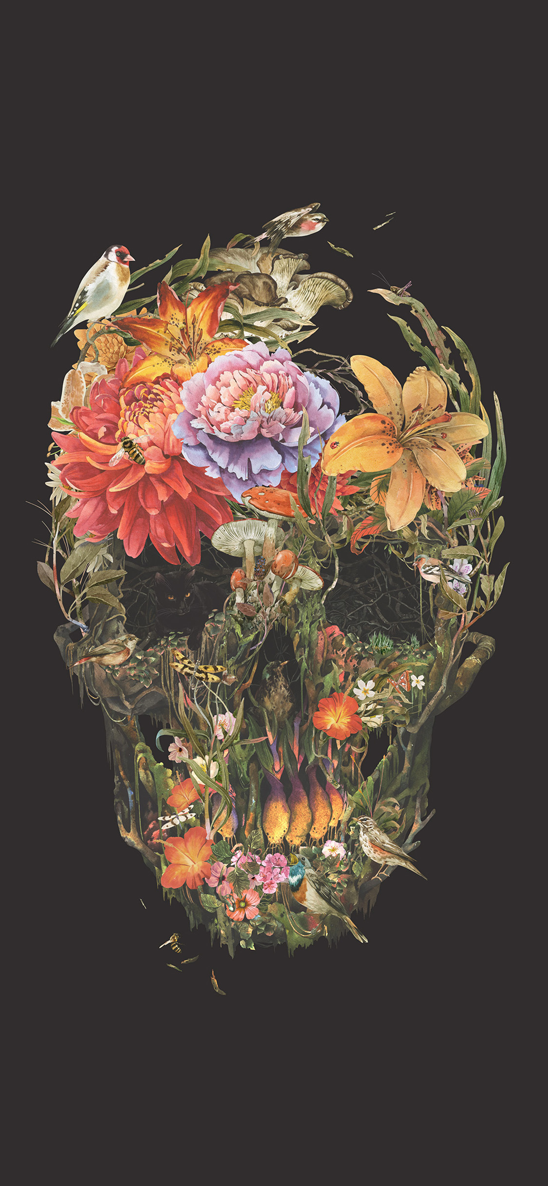 Skull formed from flowers, Goldfinch perched on blooms, Lilies and peony blossoms, Mushrooms and small birds, HD Phone wallpaper