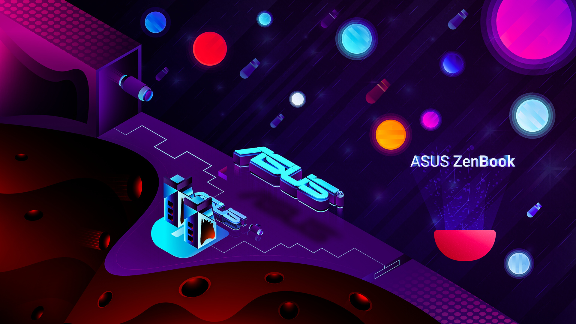 ASUS ZenBook, neon 3D ASUS logo, isometric space landscape, Full HD Desktop wallpaper