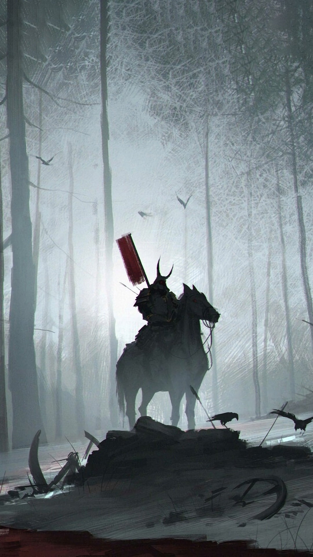 mounted armored samurai silhouette, red sashimono banner, misty winter forest battlefield, Full HD Phone wallpaper