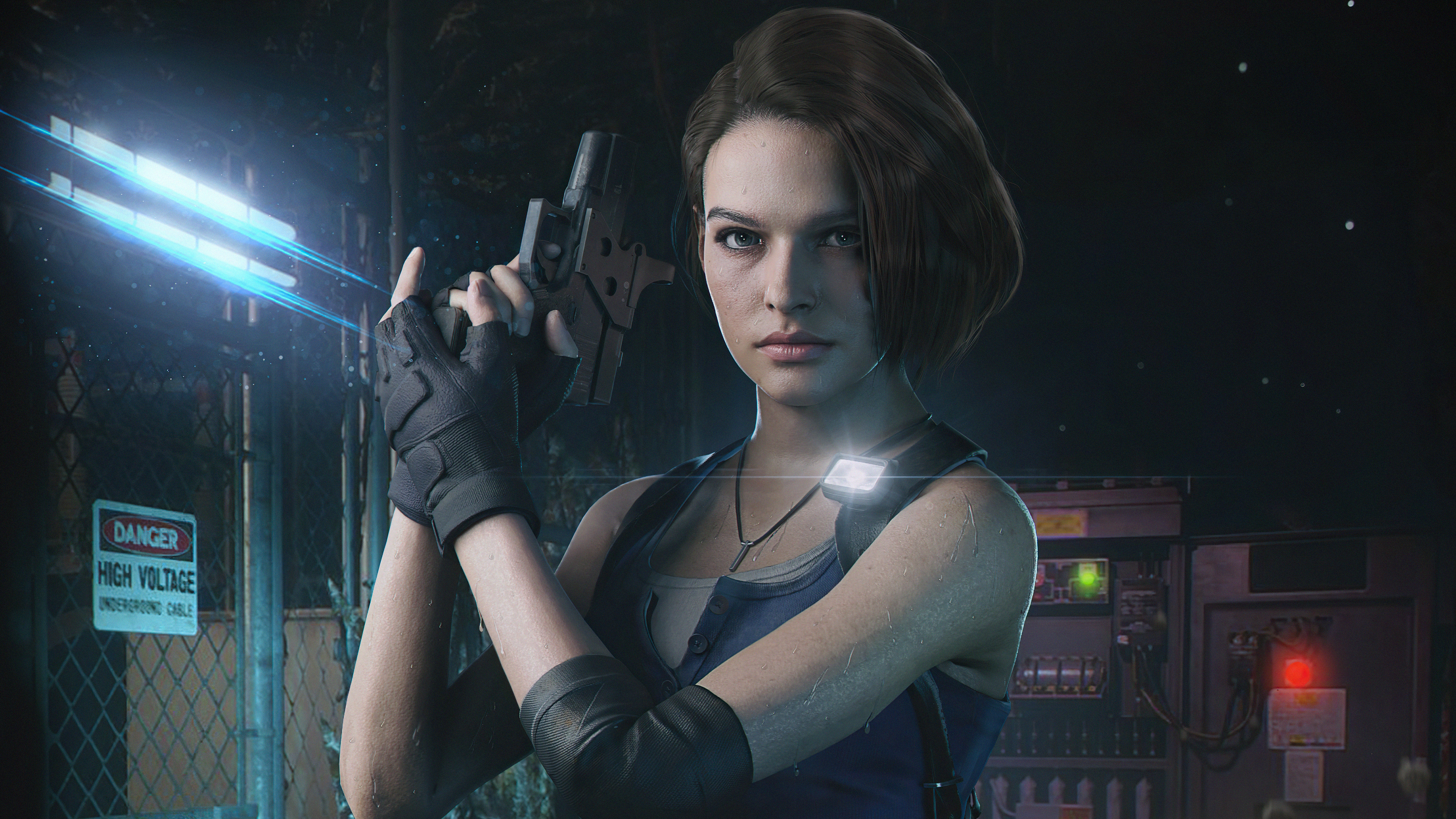 Jill Valentine, Danger High Voltage sign, G19 handgun, 4K Desktop wallpaper