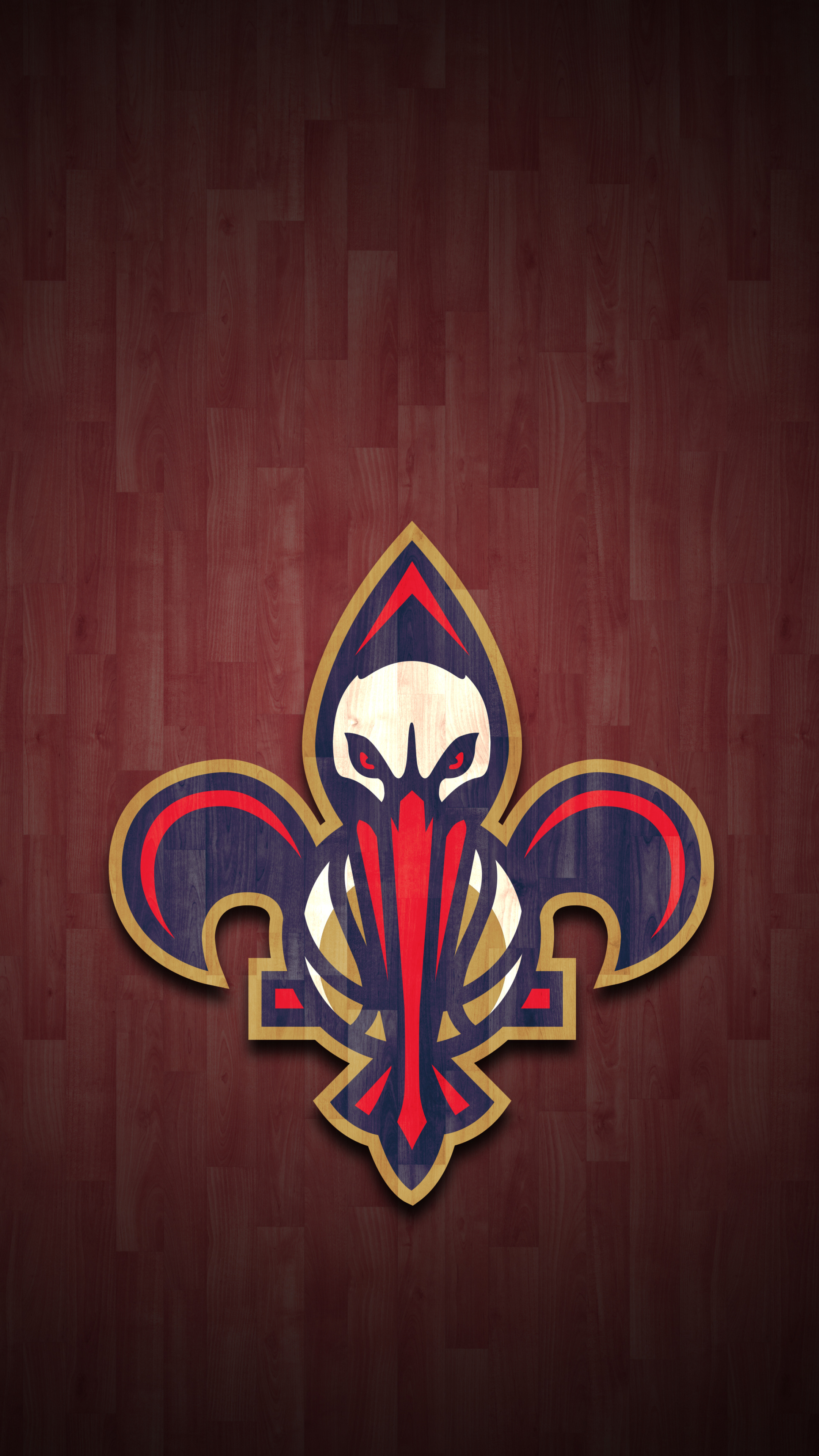 New Orleans Pelicans fleur-de-lis logo, Pelican head basketball emblem, NBA hardwood court backdrop, 4K Phone wallpaper