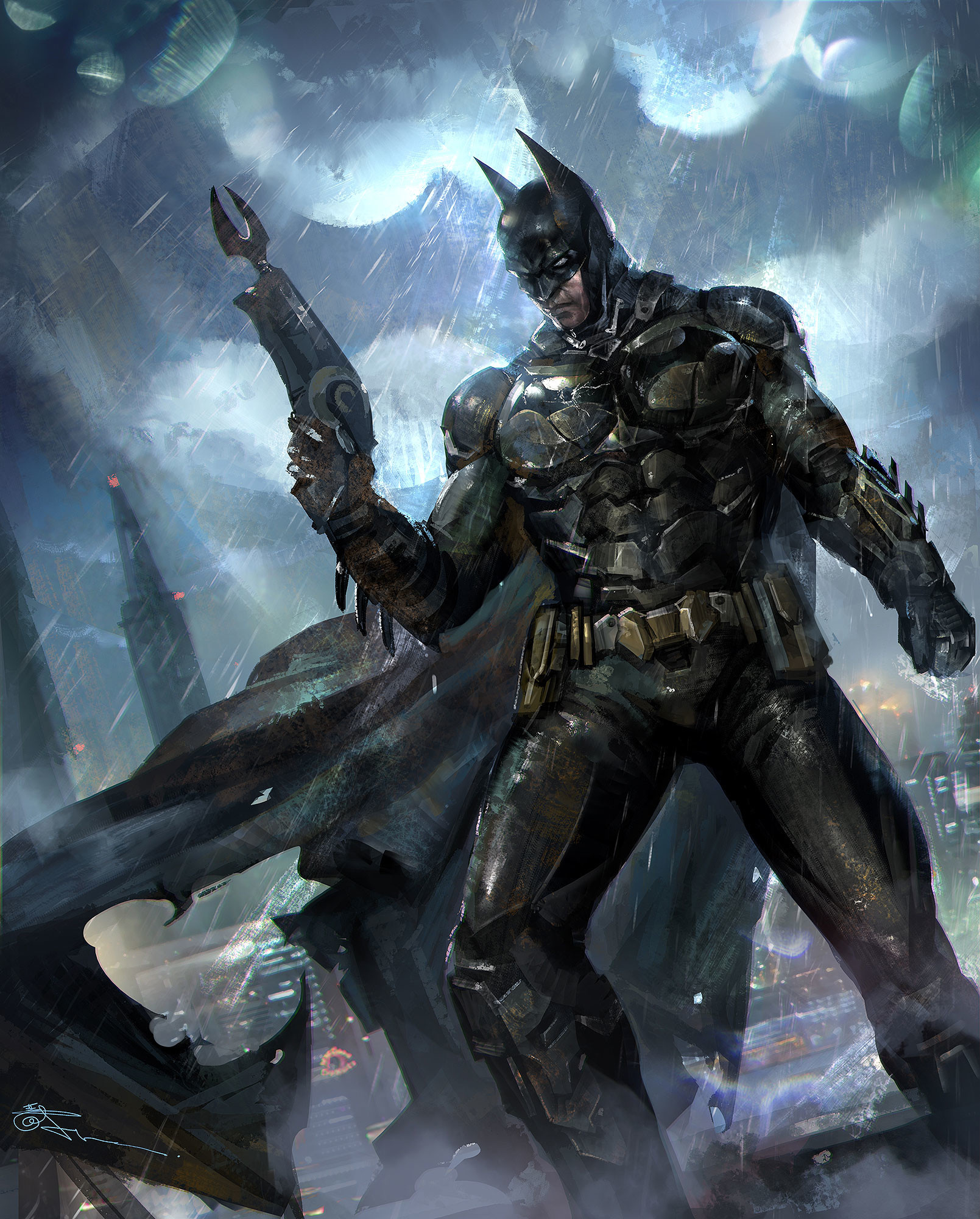 Batman, Grapnel gun, Rainy Gotham City skyline, HD Phone wallpaper