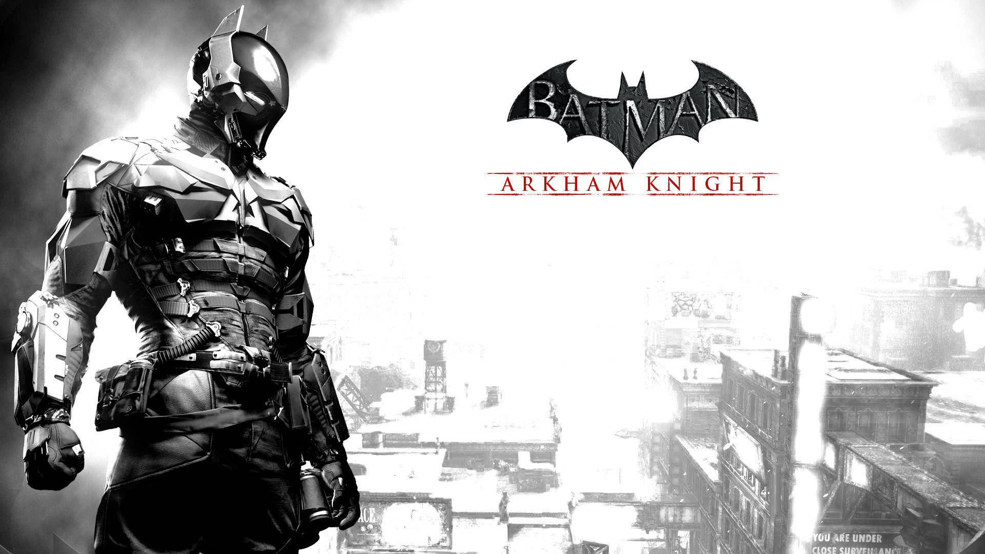 Arkham Knight, Batman: Arkham Knight logo, Gotham City cityscape, Full HD Desktop wallpaper