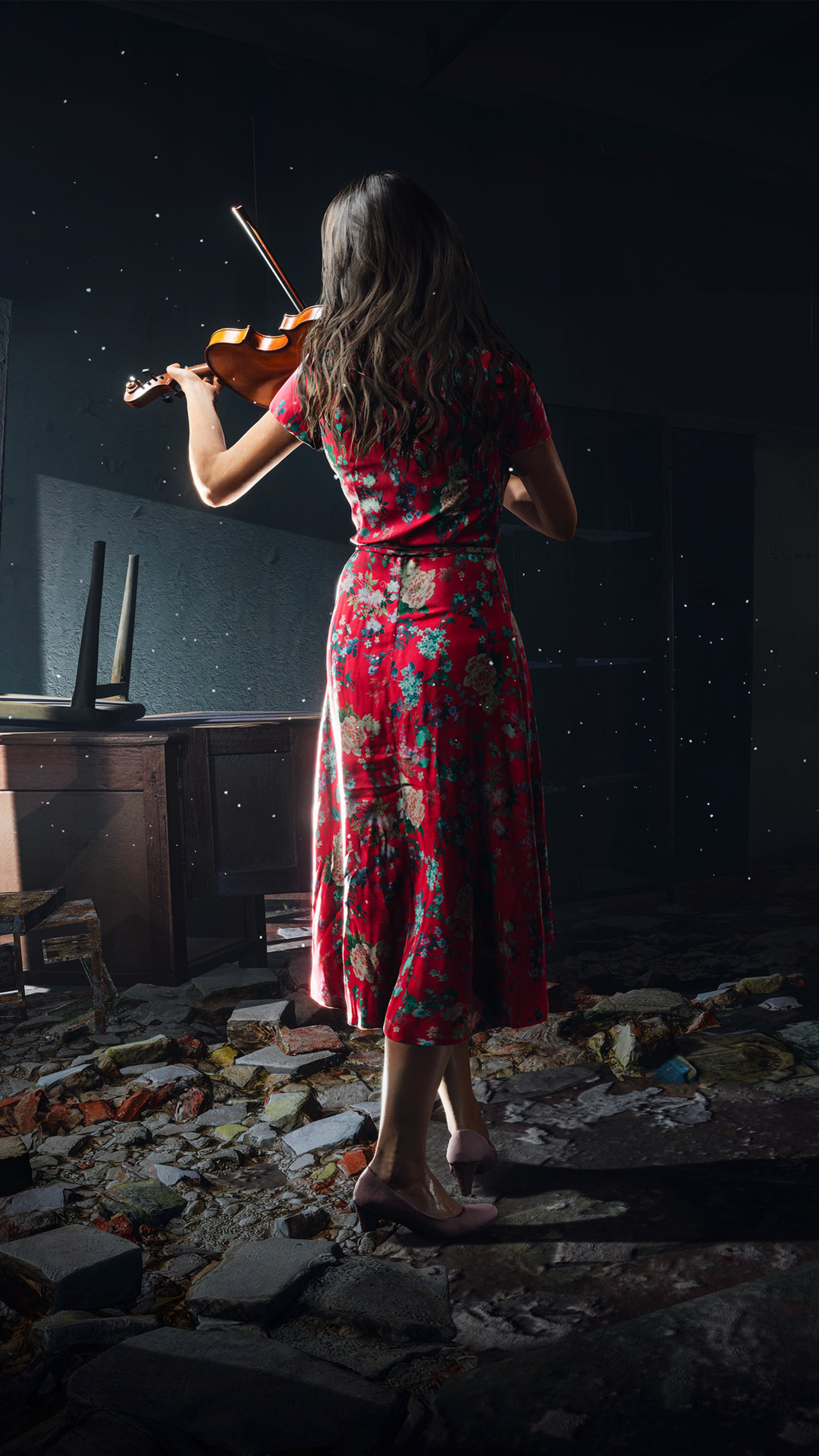 Chernobylite violin girl, Eerie serenade, Haunting melody, Twilight ambiance, 2160x3840 4K Phone