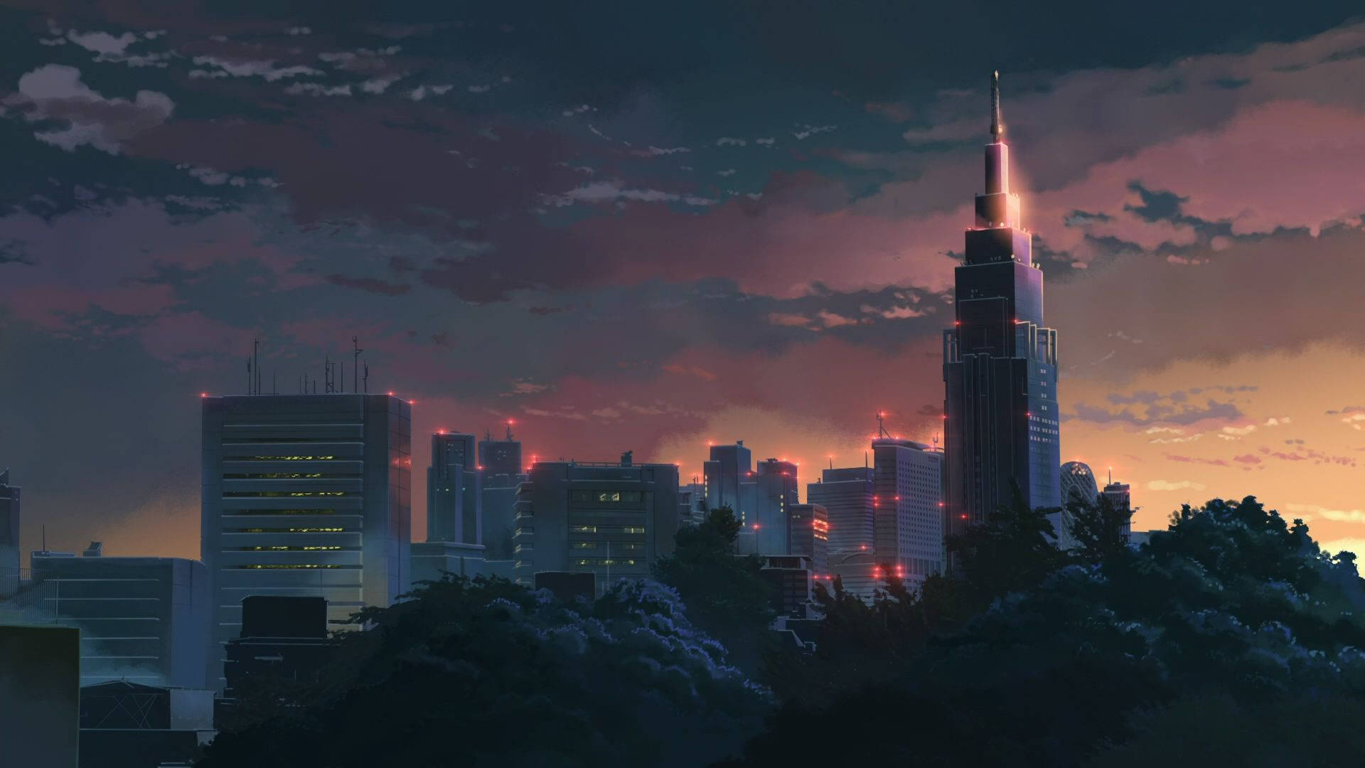 NTT Docomo Yoyogi Building, The Garden of Words, Shinjuku twilight skyline, Full HD Desktop wallpaper