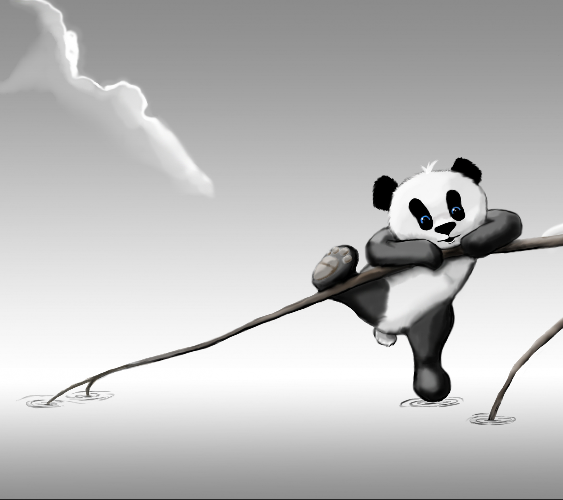 Playful cartoon panda cub, Curved tree branch, Monochrome water ripples, HD Desktop wallpaper