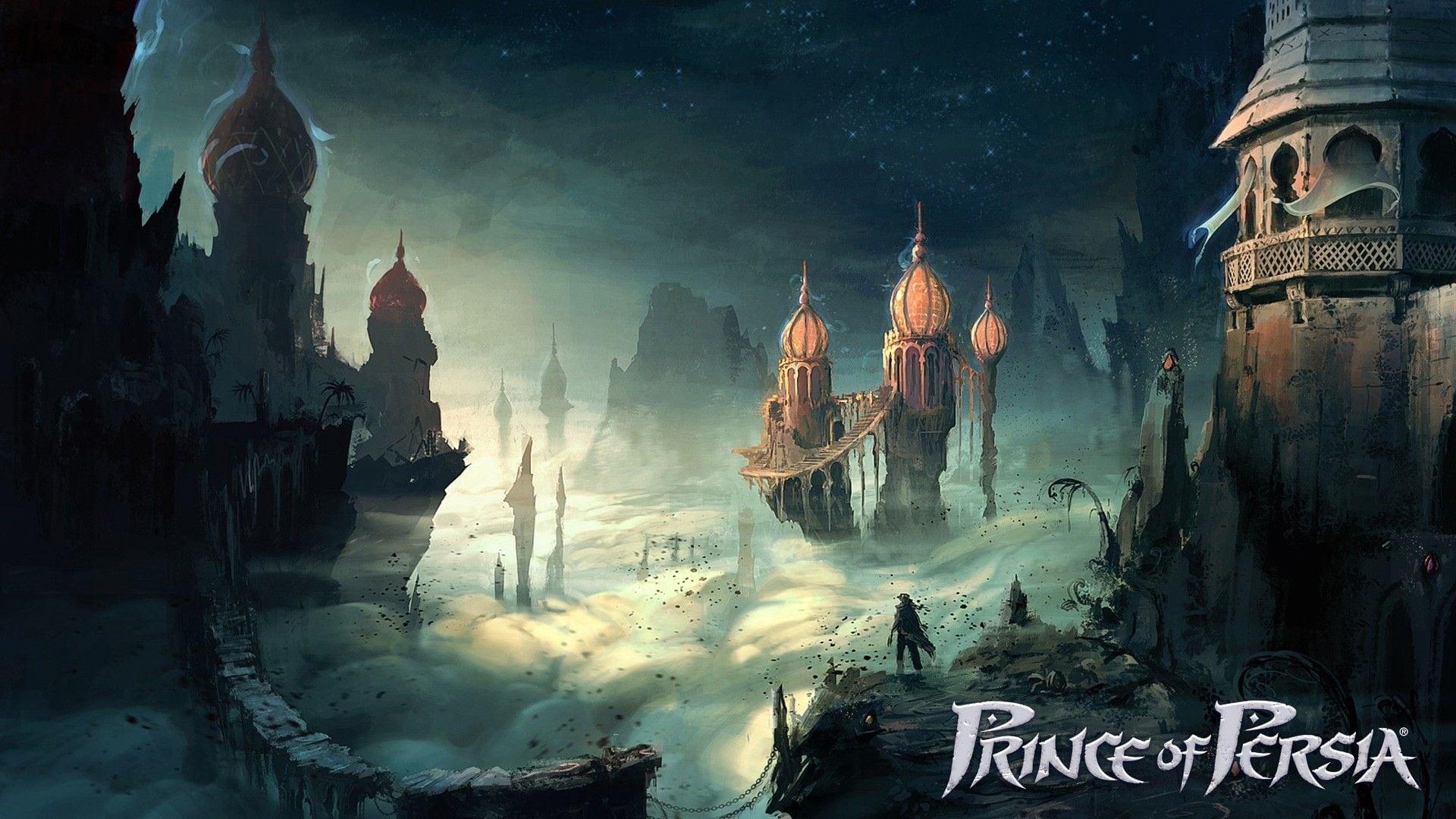 Prince of Persia logo, Ruined Persian palace towers, Prince silhouette on cliff, Full HD Desktop wallpaper