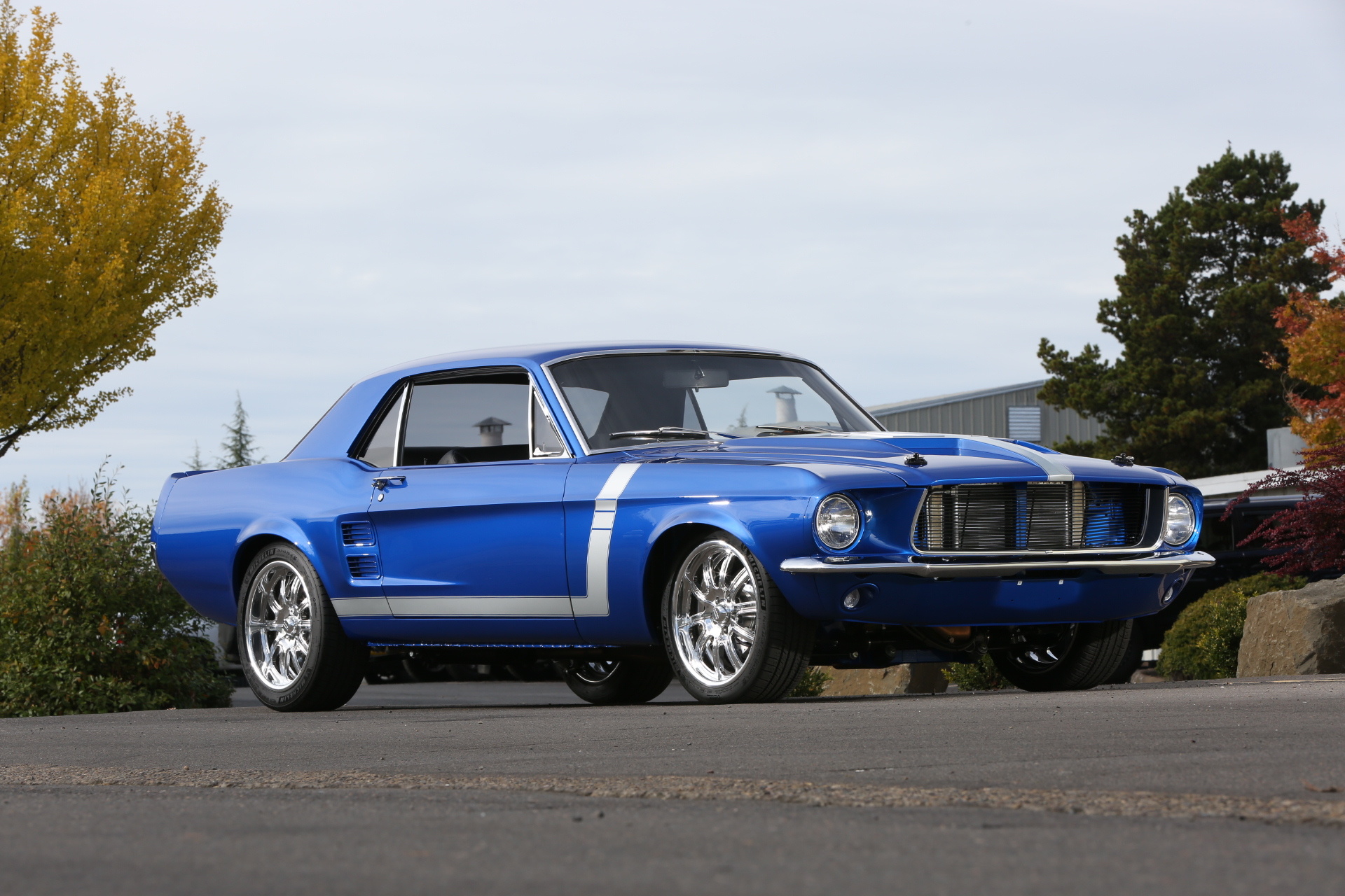 1967 Ford Mustang Coupe, Chrome custom wheels, Blue metallic finish, HD Desktop wallpaper