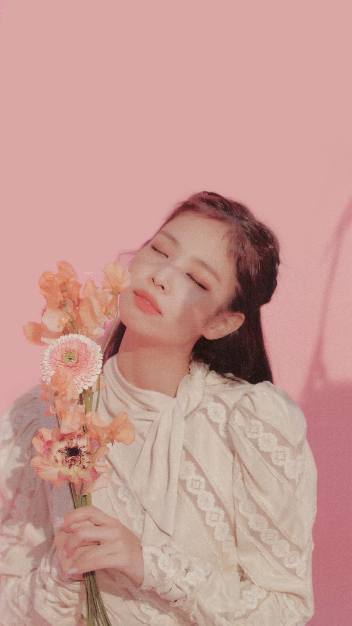 Jennie Kim, pastel pink flowers, cream lace blouse, HD Phone wallpaper