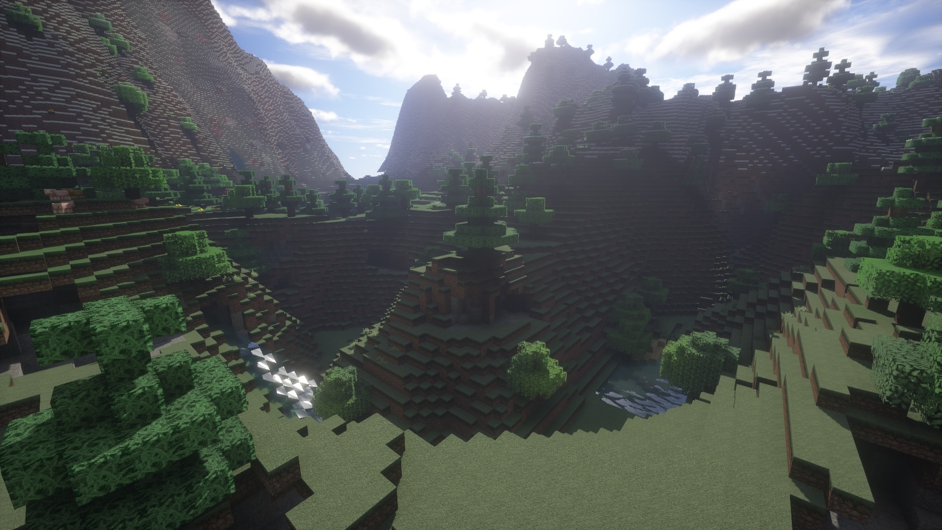 Minecraft mountain valley, volumetric sunlight shaders, blocky spruce forest, Full HD Desktop wallpaper