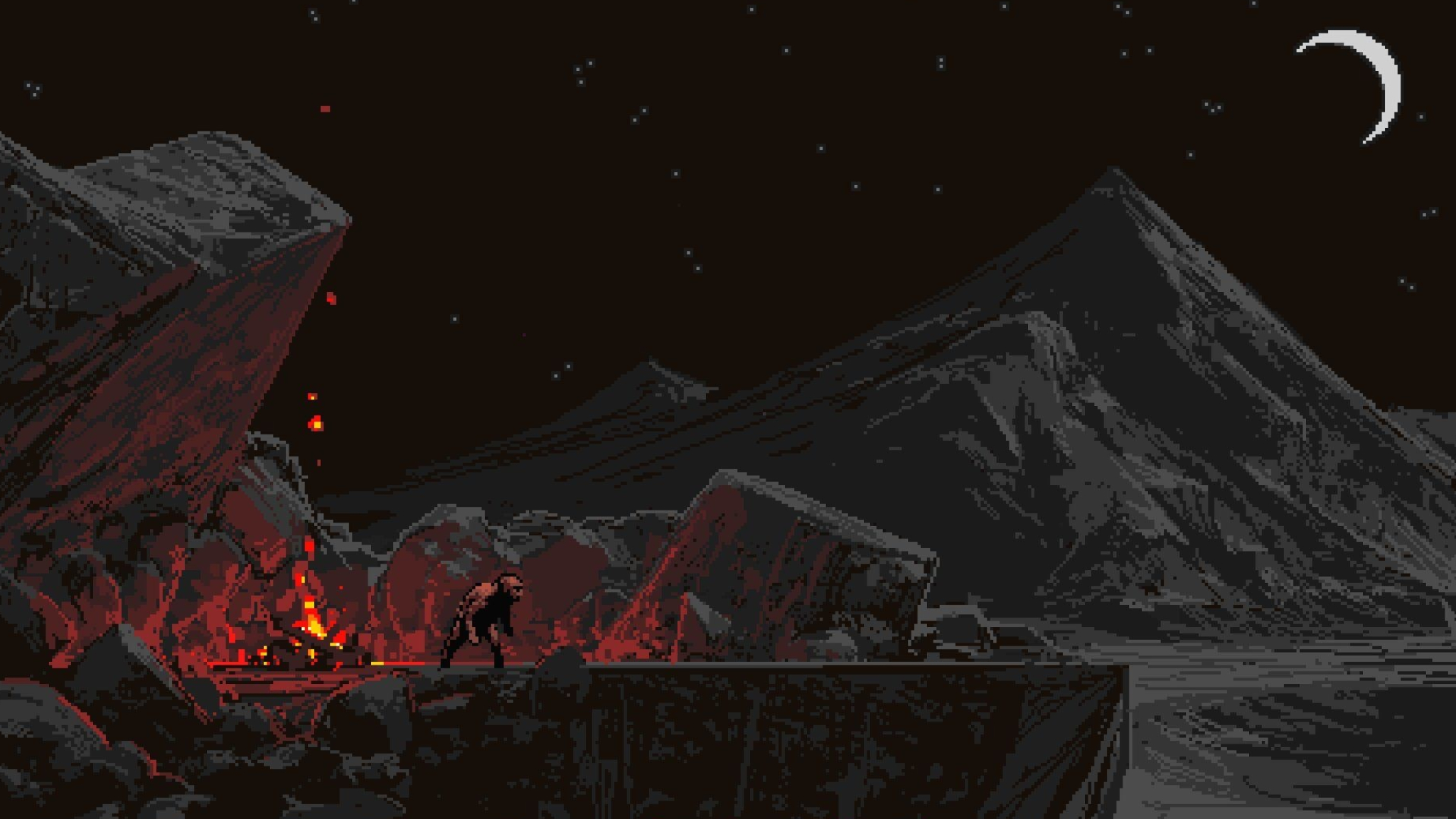lone pixel art wanderer, glowing campfire with embers, crescent moon over mountains, HD Desktop wallpaper
