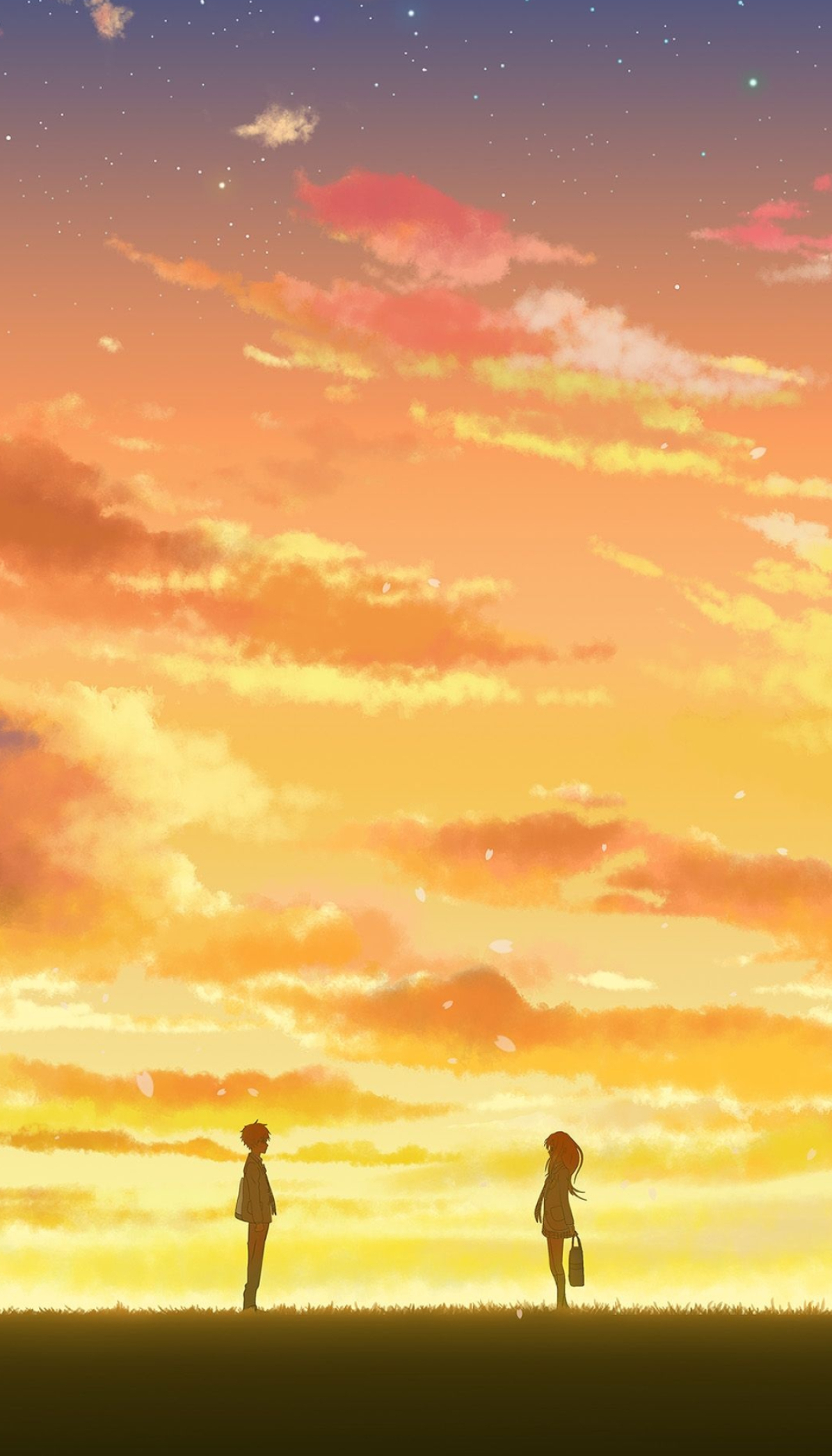 Kousei Arima silhouette, Kaori Miyazono silhouette, Golden twilight sunset sky, HD Phone wallpaper