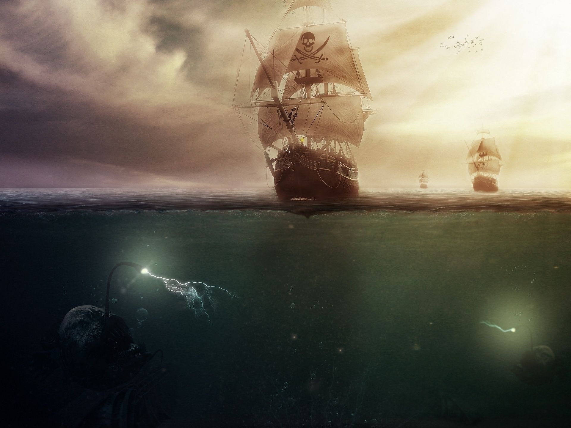 Pirate ship with Jolly Roger, Deep-sea anglerfish with lure, Split-level ocean view, HD Desktop wallpaper