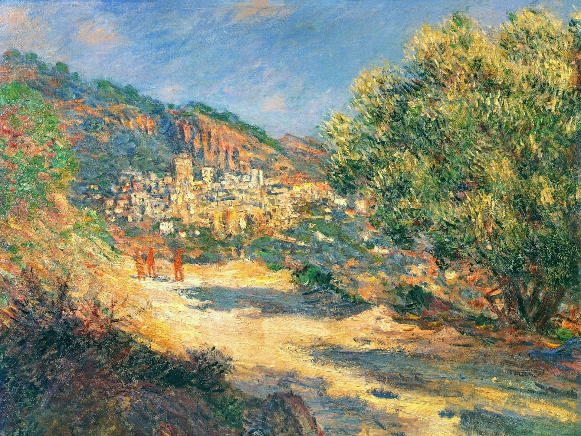 The Valley of Sasso, sunlit olive tree, Impressionist hillside village, HD Desktop wallpaper