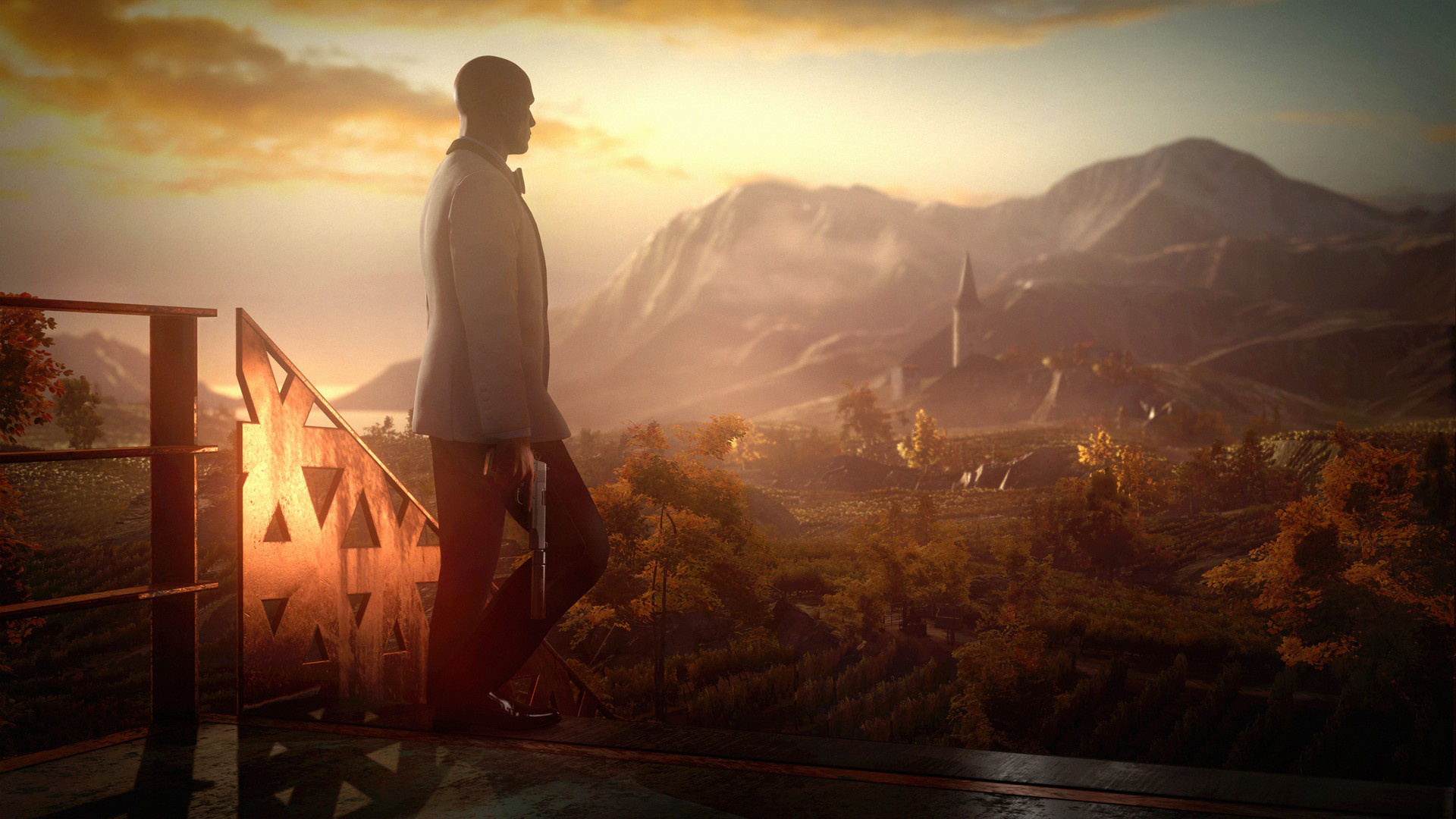 Agent 47 in white tuxedo, Mendoza vineyard landscape, Silenced Silverballer pistol, Full HD Desktop wallpaper