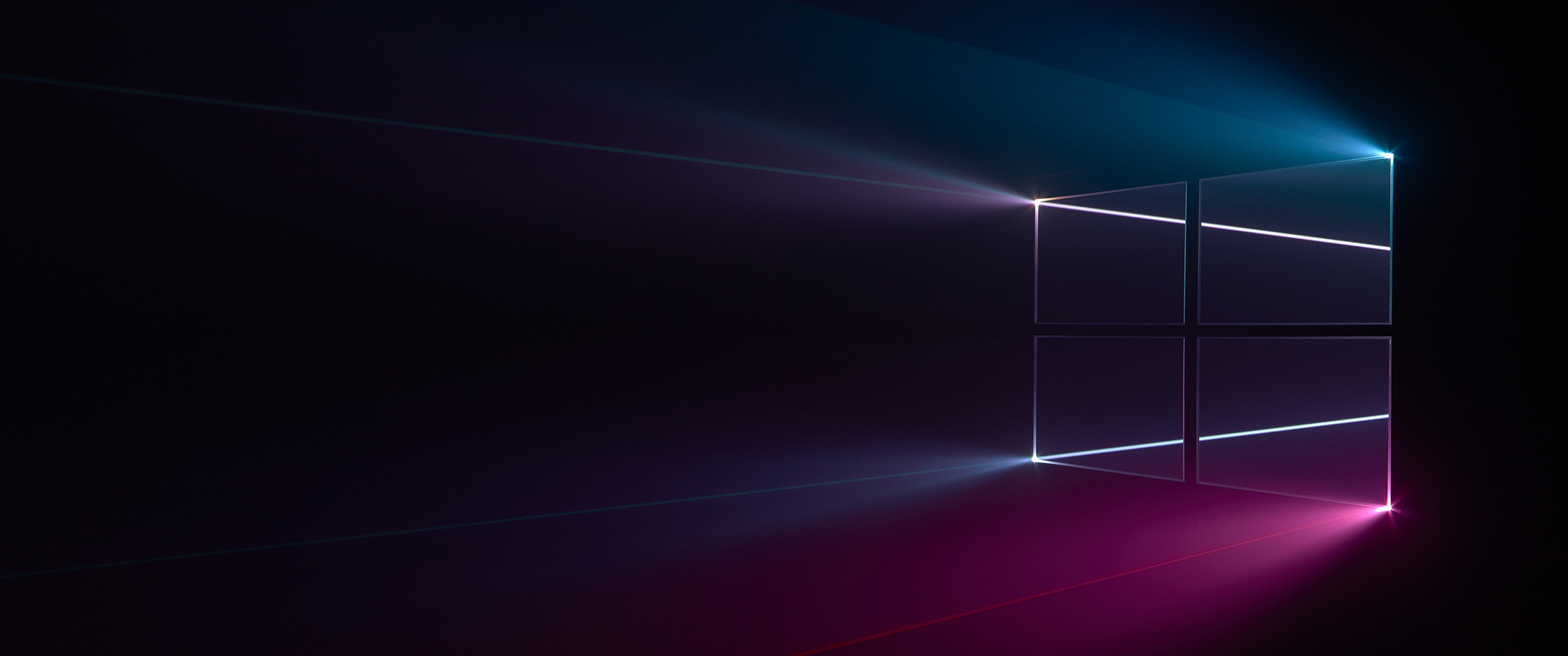 Windows 10 logo, volumetric light rays, neon purple cyan glow, Dual Screen Desktop wallpaper