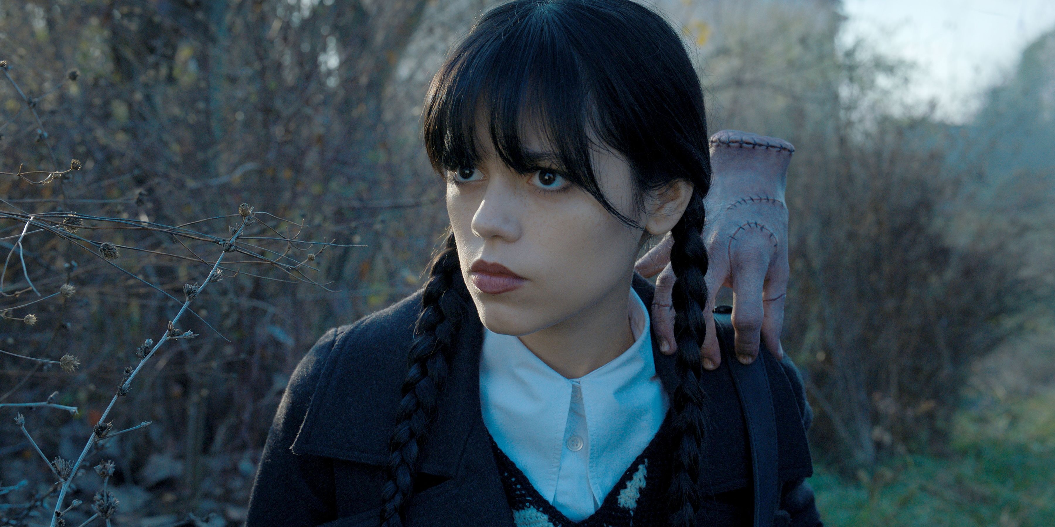 Wednesday Addams, Thing, overgrown autumn woods, Dual Screen Desktop wallpaper