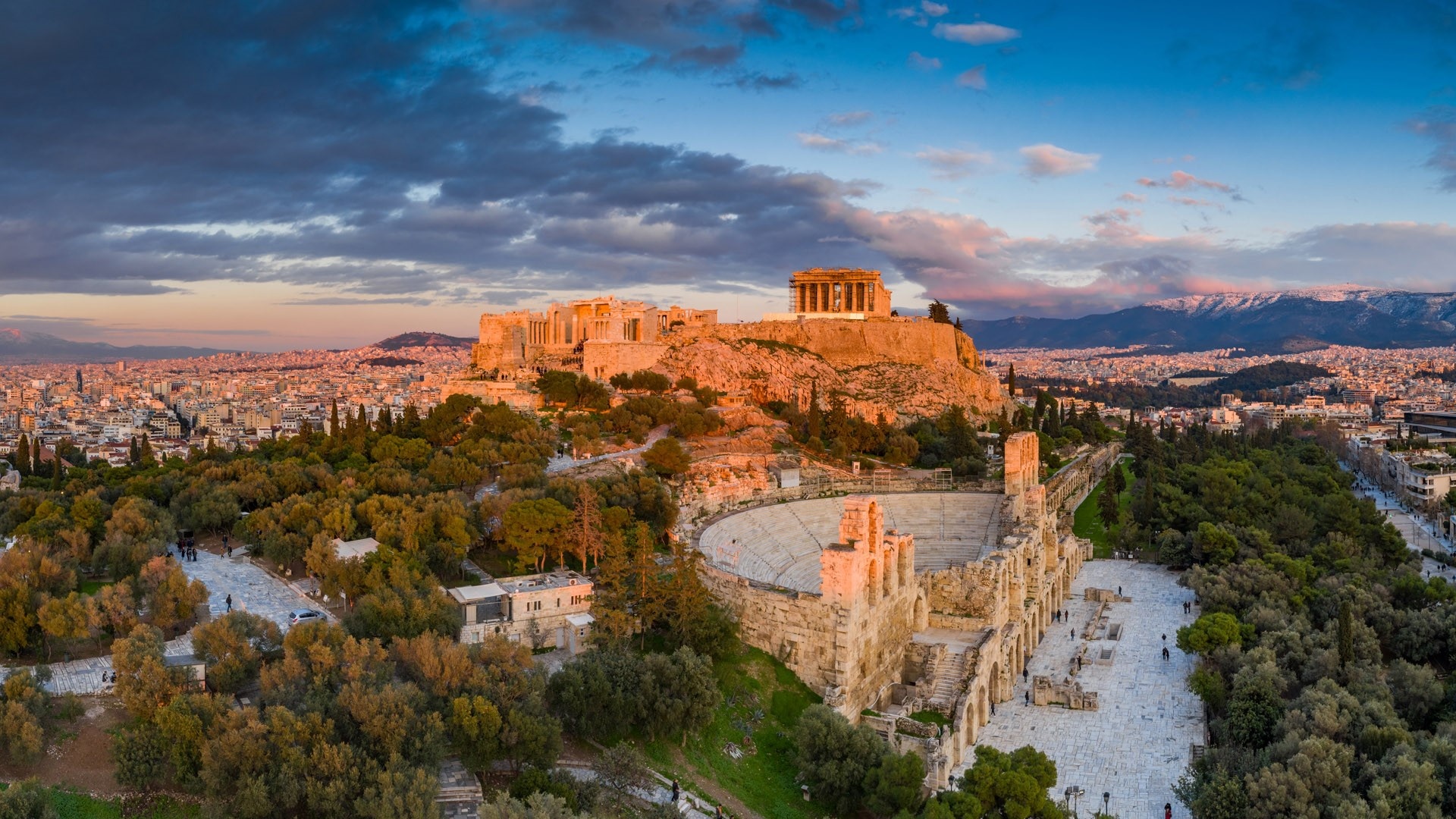 Aerial view of Acropolis, Temple of Athena Nike, Parthenon, Greek historical sites, 1920x1080 Full HD Desktop