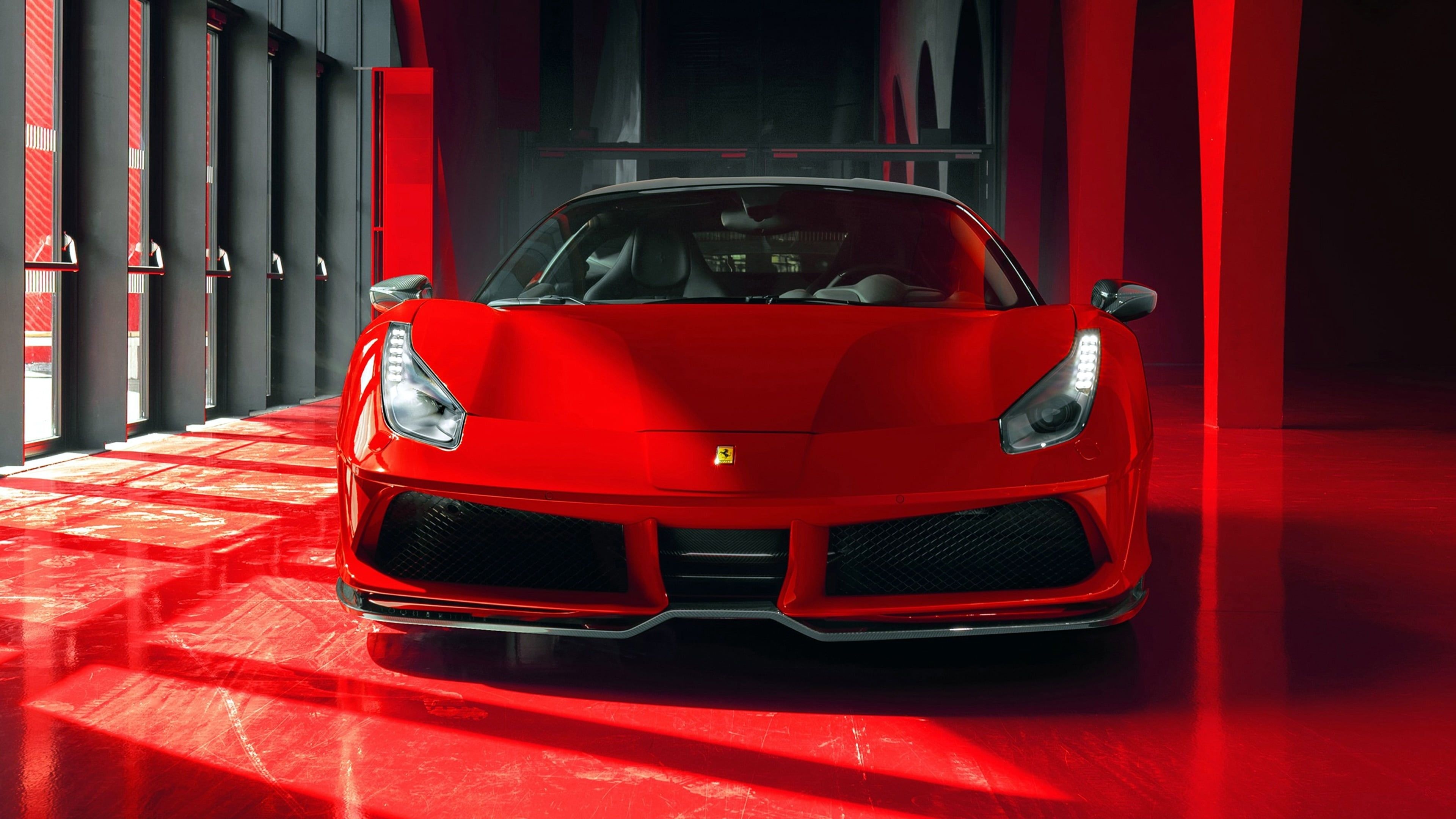 Ferrari 488 GTB, glossy red showroom floor, red architectural interior, 4K Desktop wallpaper