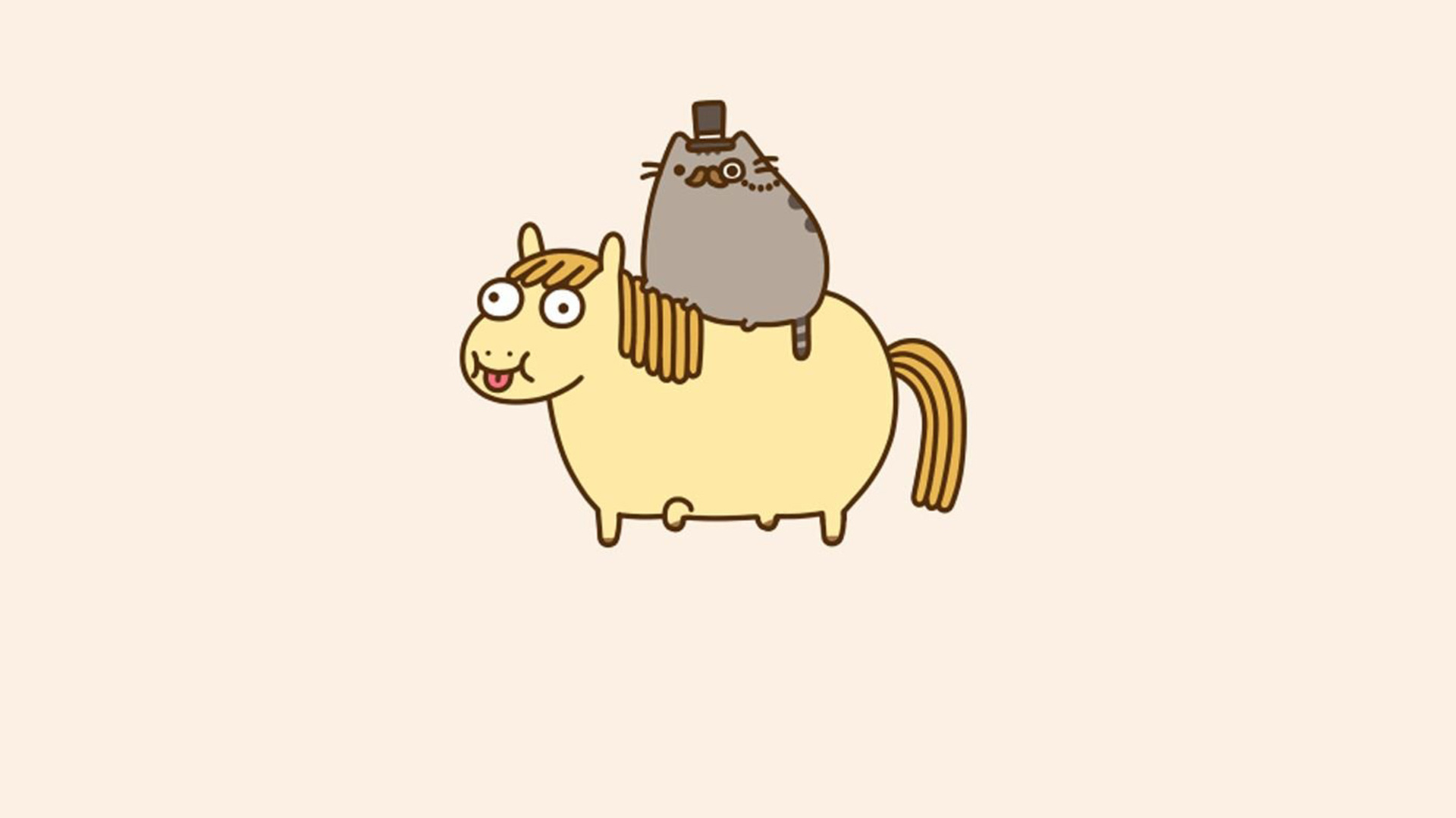 Pusheen wearing top hat, Derpy cartoon horse, Cream minimalist backdrop, Full HD Desktop wallpaper