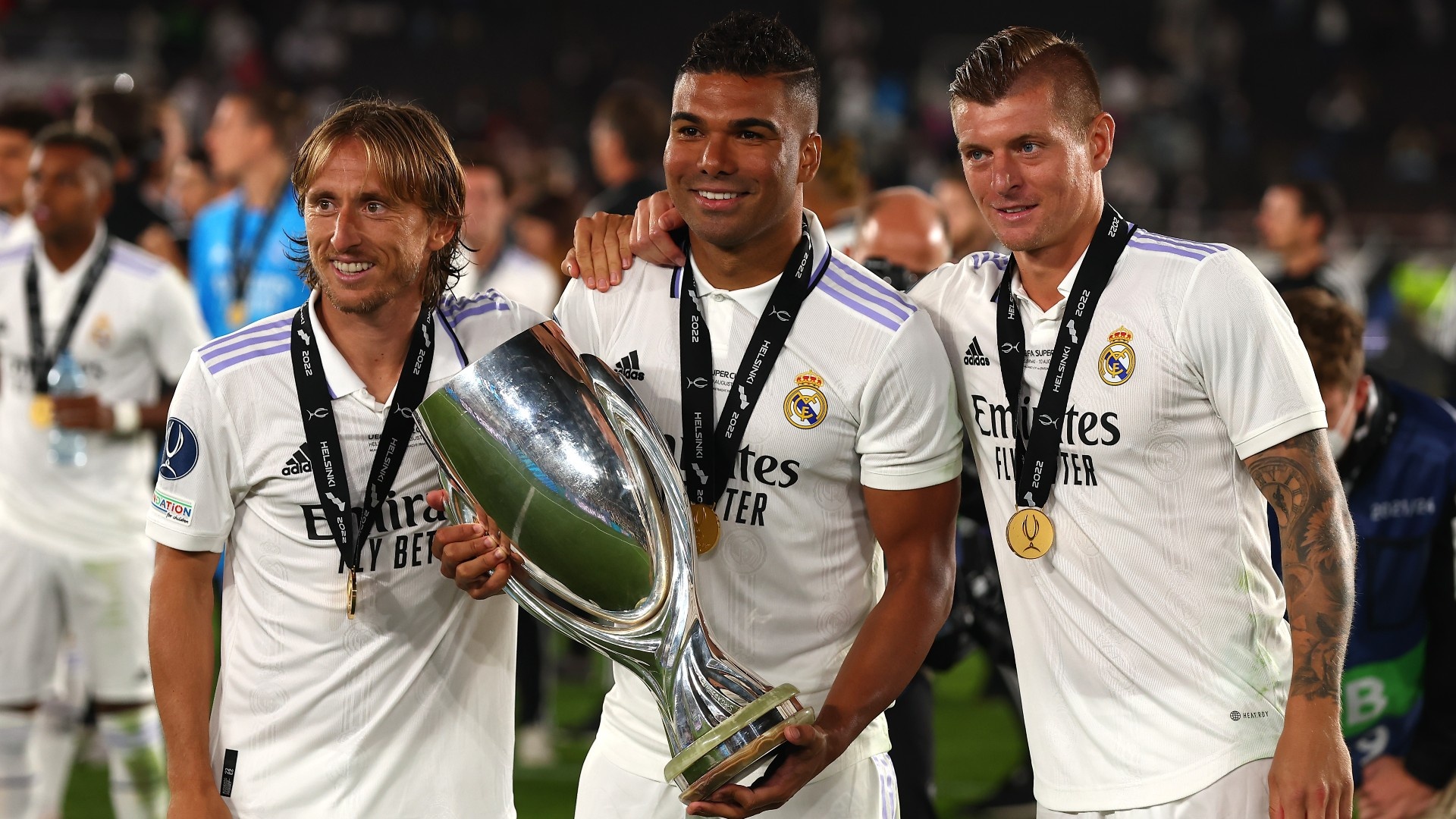 Luka Modric, Casemiro, Toni Kroos, UEFA Super Cup trophy, Real Madrid kit, Full HD Desktop wallpaper