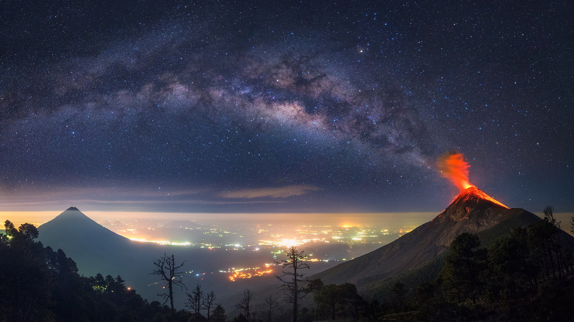 Volcanic eruption silhouette, Milky way backdrop, Guatemalan nature, HD wallpaper, 1920x1080 Full HD Desktop