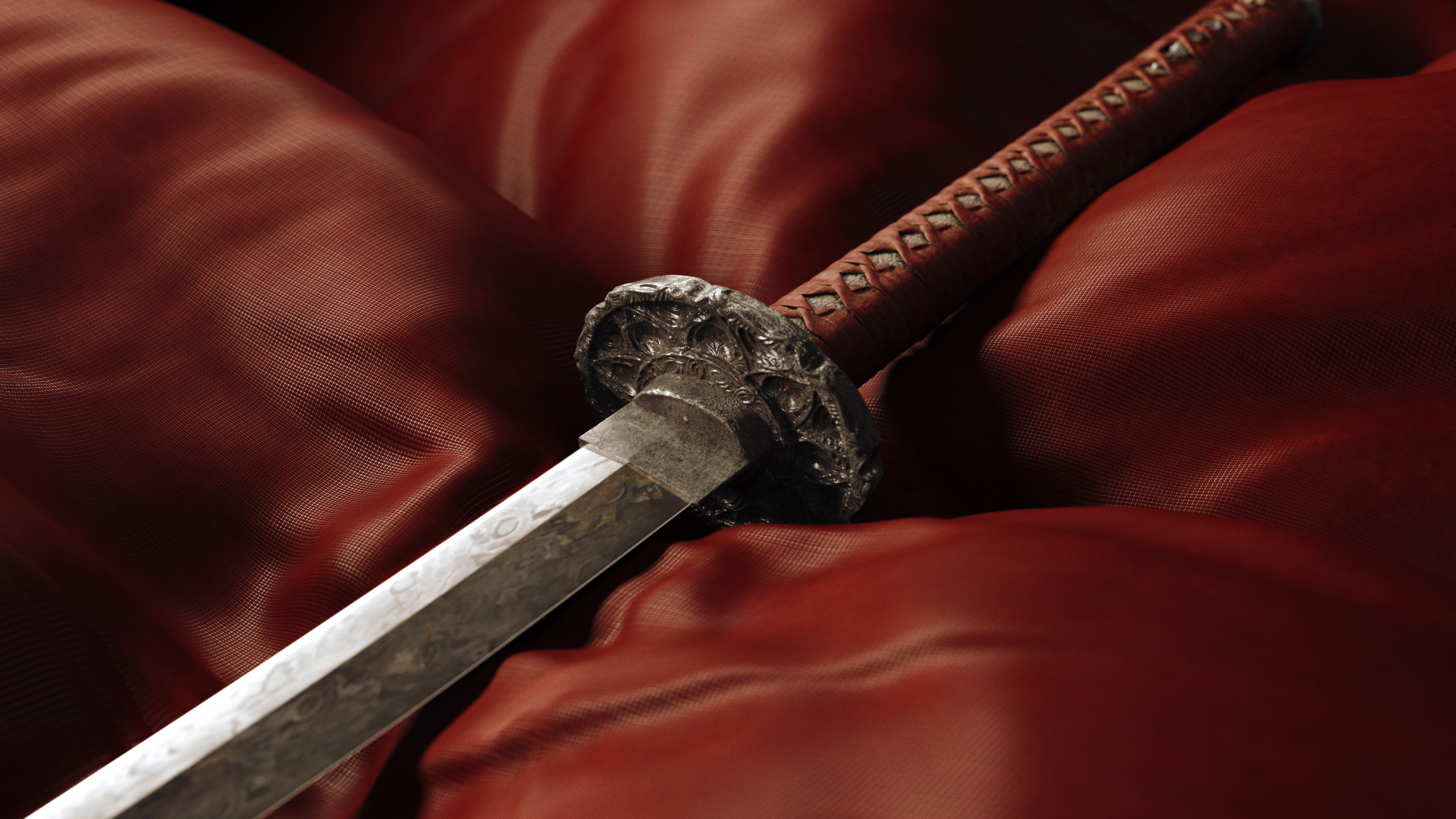 Katana with ornate tsuba, Patterned steel sword blade, Draped red silk fabric, HD Desktop wallpaper