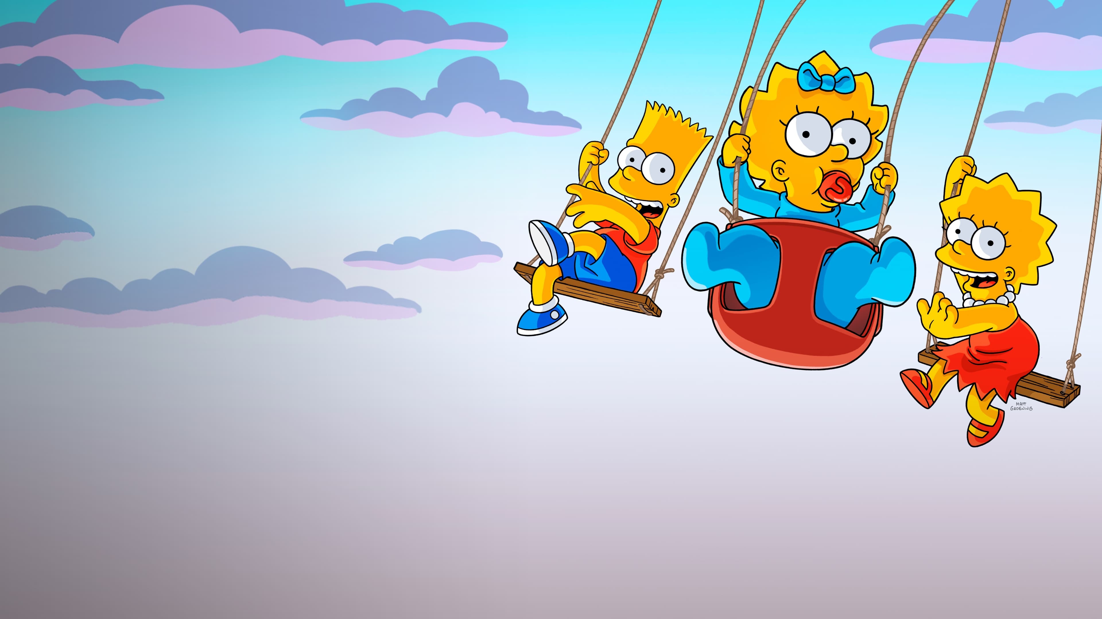 Bart Simpson on swing, Maggie Simpson, Lisa Simpson, The Simpsons, 4K Desktop wallpaper