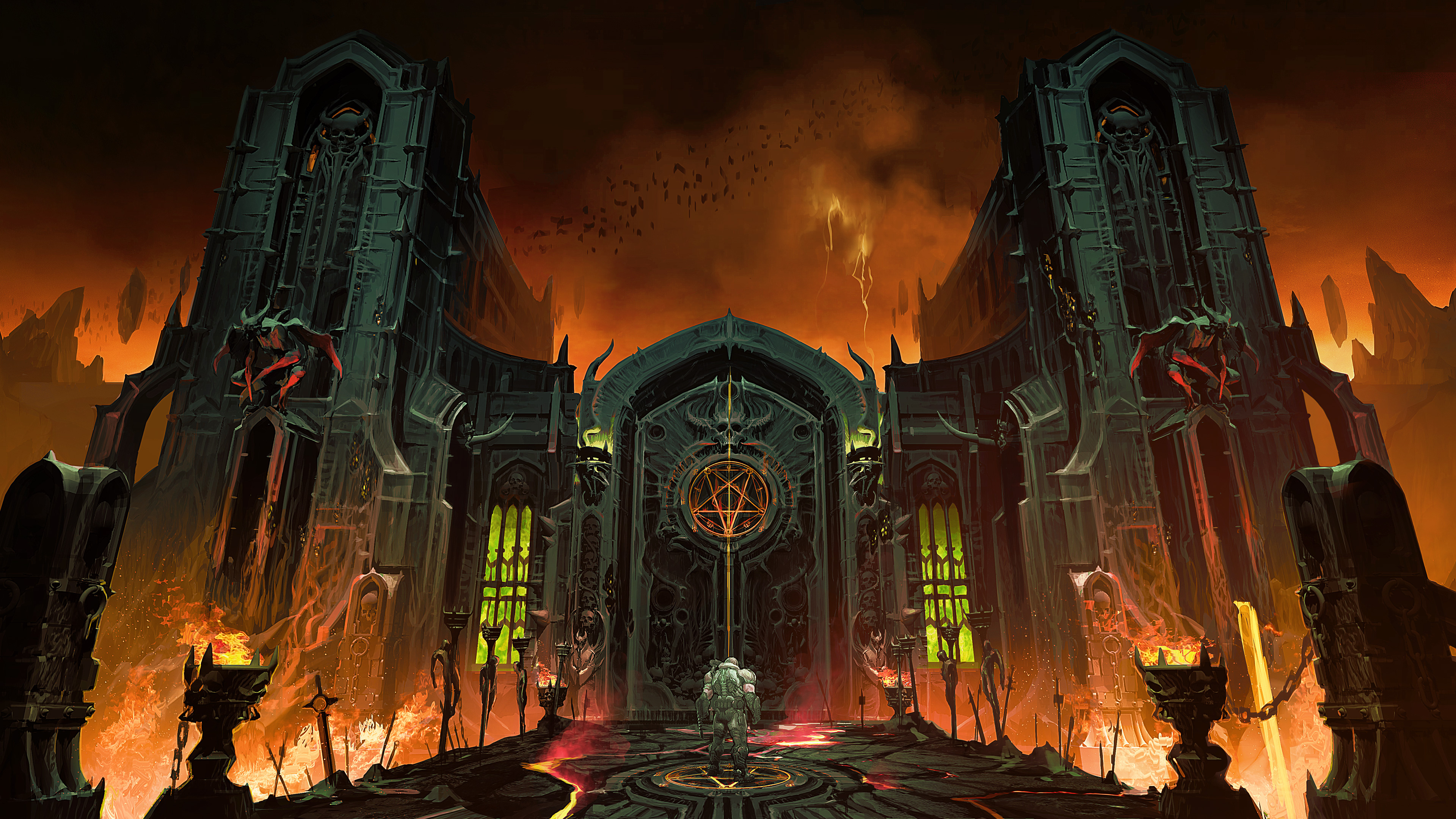 Doom Slayer, Doom Eternal Hell fortress, Glowing demonic pentagram seal, 4K Desktop wallpaper