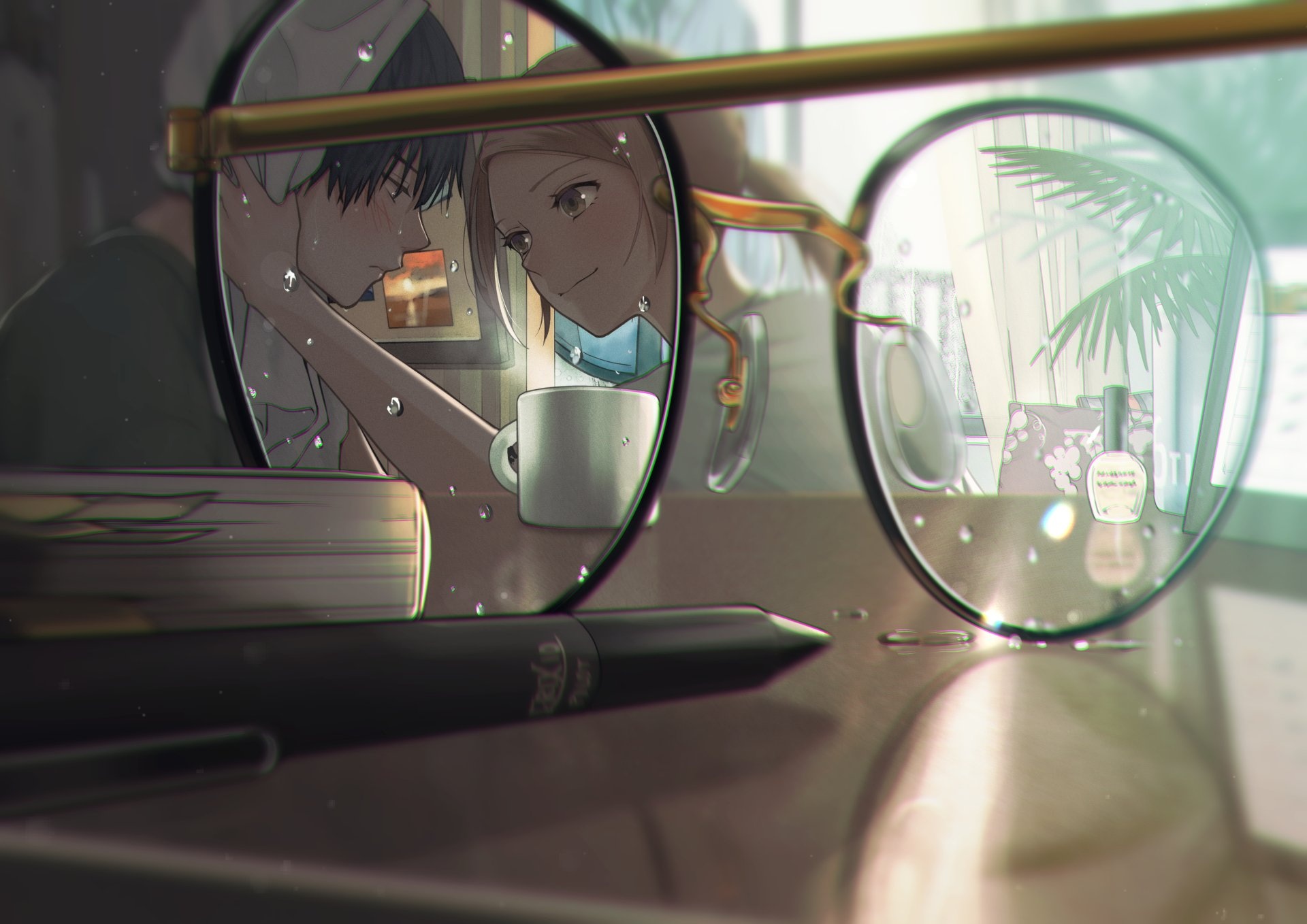 blushing anime couple, round wire-frame glasses, black desk pen, HD Desktop wallpaper