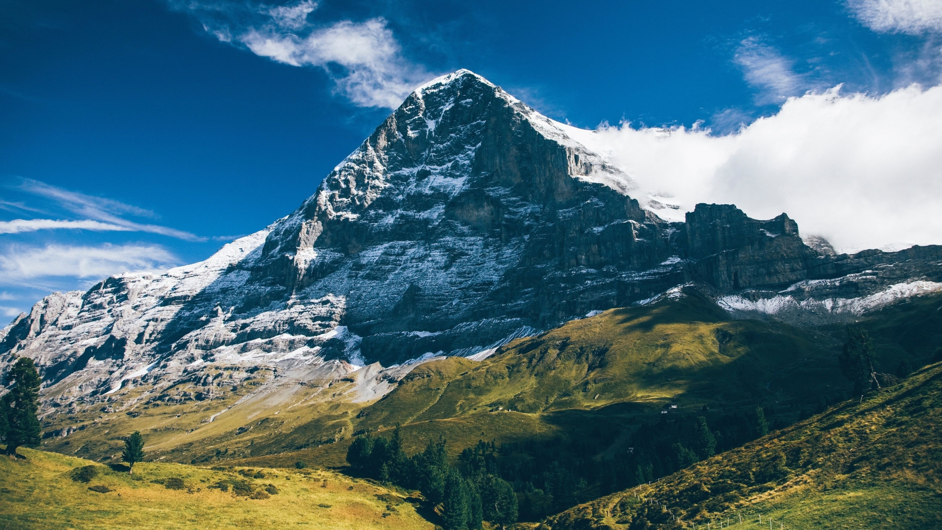 Eiger North Face, Bernese Alps, Alpine meadow hillside, 4K Desktop wallpaper