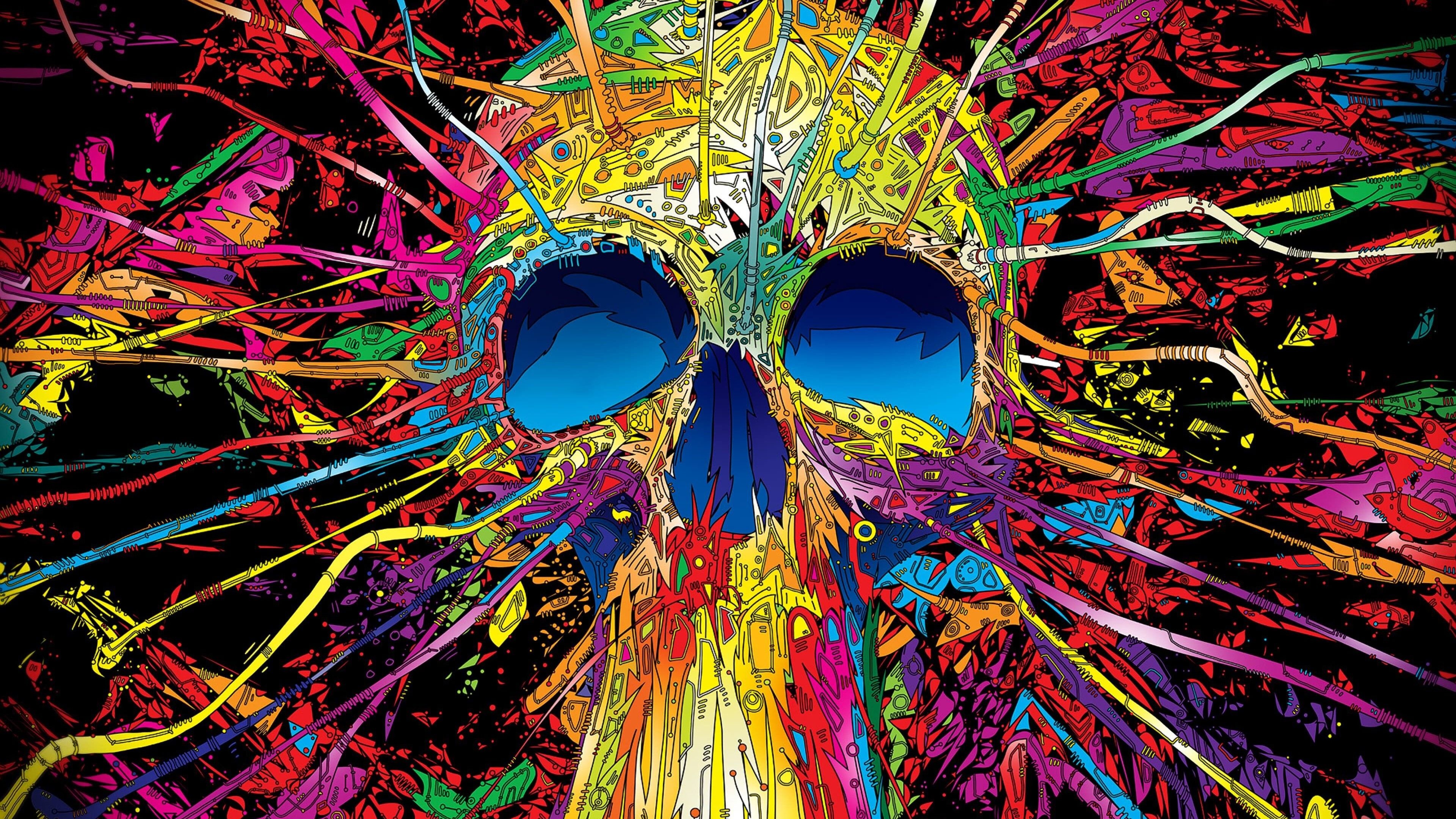 Multicolour doodle-filled skull, Radiating coloured tendrils, Deep blue eye sockets, 4K Desktop wallpaper