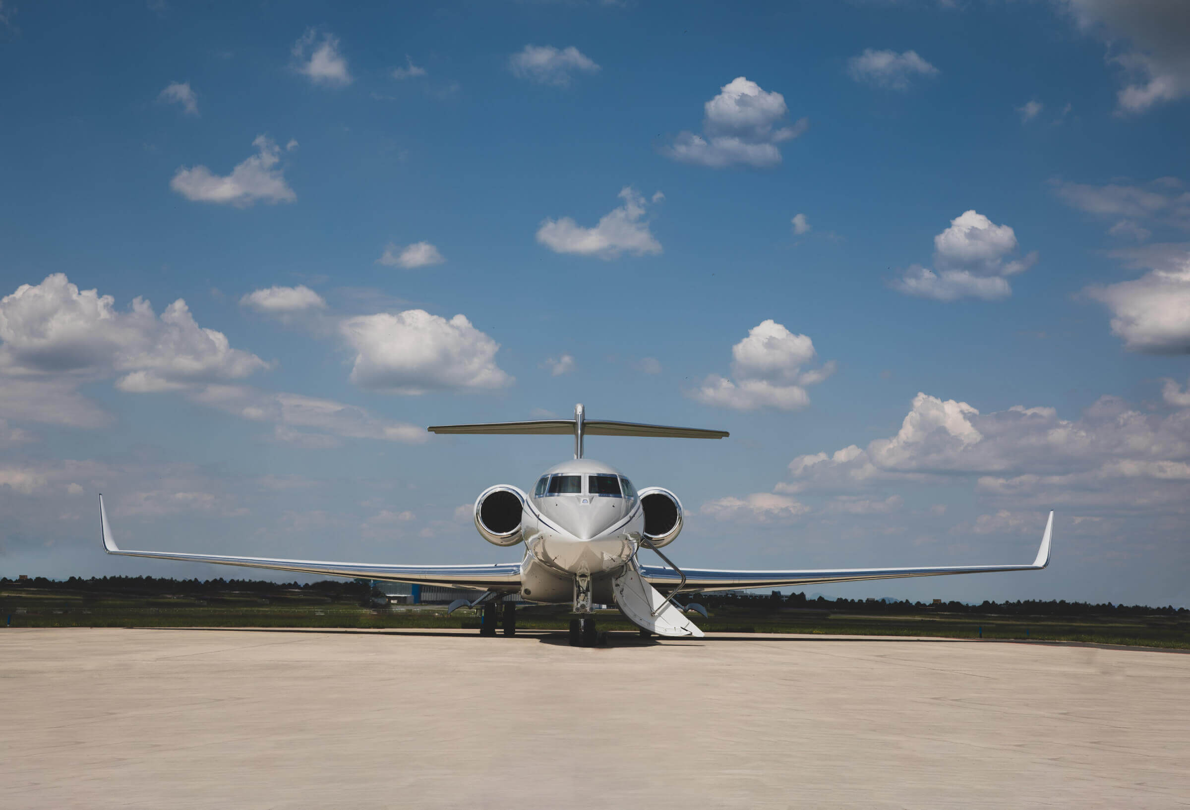 Gulfstream business jet, Airport runway apron, Scattered cumulus clouds, HD Desktop wallpaper
