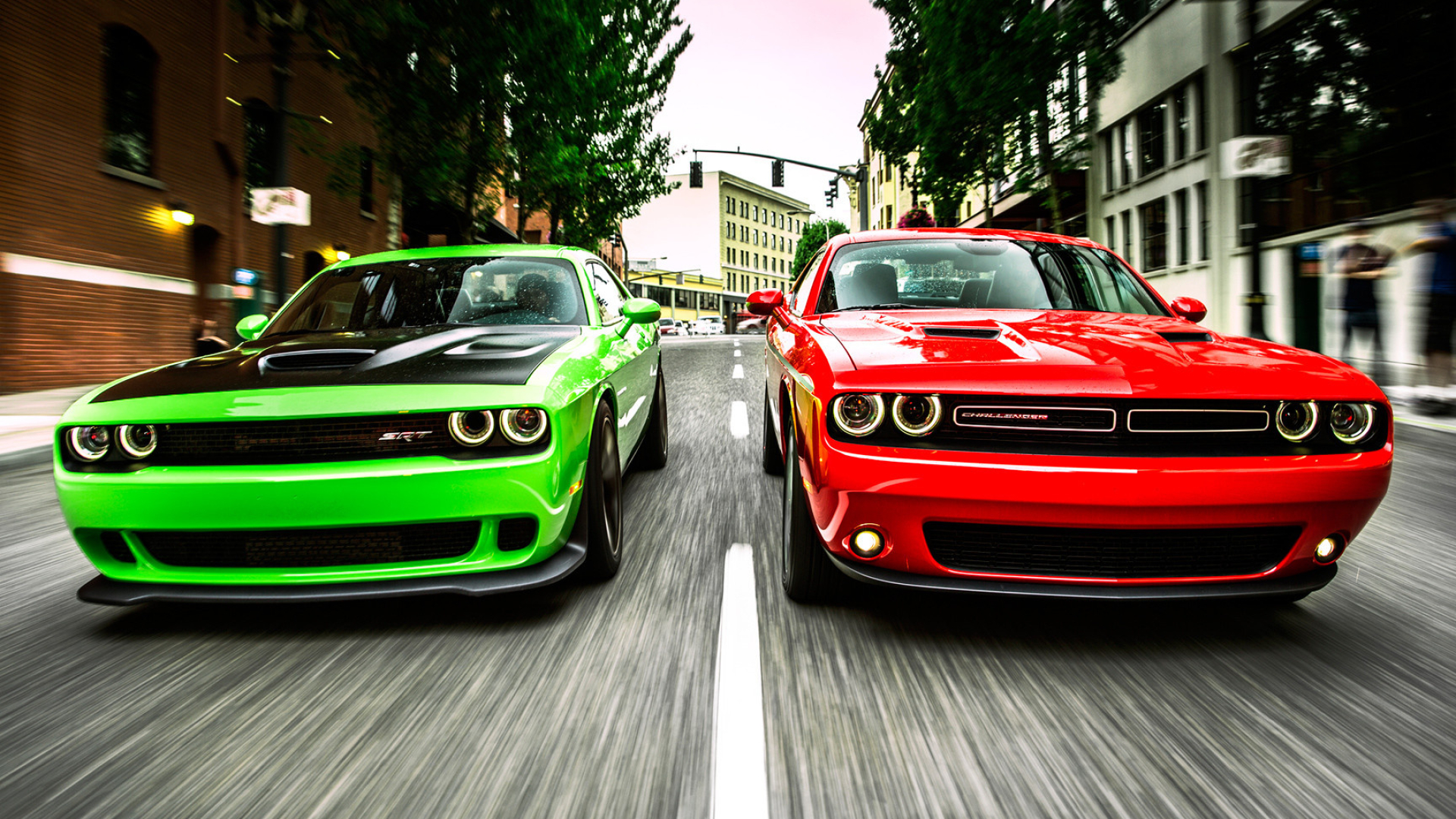 green Dodge Challenger SRT Hellcat, red Dodge Challenger, urban street motion blur, Full HD Desktop wallpaper