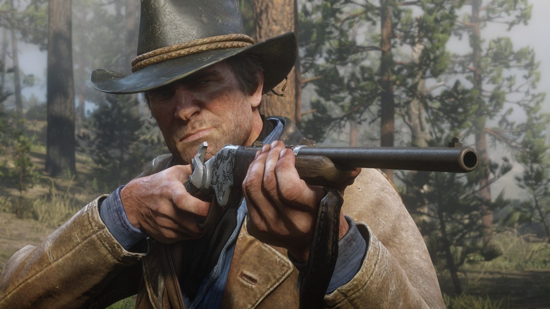 Arthur Morgan, engraved Varmint Rifle, leather cowboy hat, Full HD Desktop wallpaper